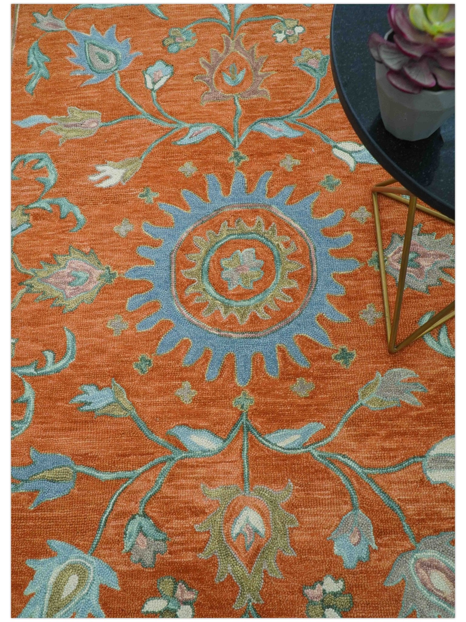 Custom Made Oriental Uzbek Design Floral Rust Hand Tufted Wool Area Rug - Image 3