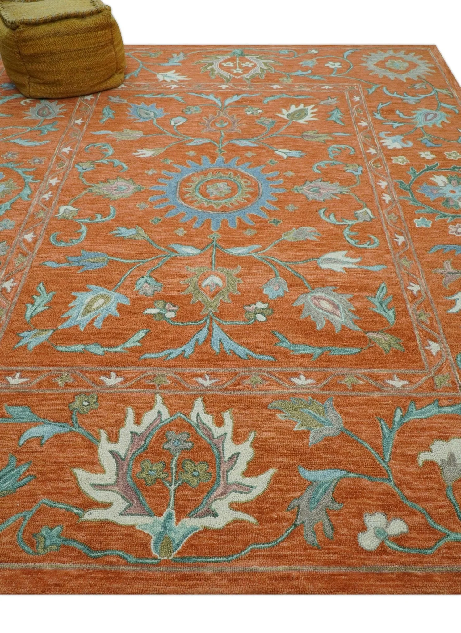 Custom Made Oriental Uzbek Design Floral Rust Hand Tufted Wool Area Rug - Image 9