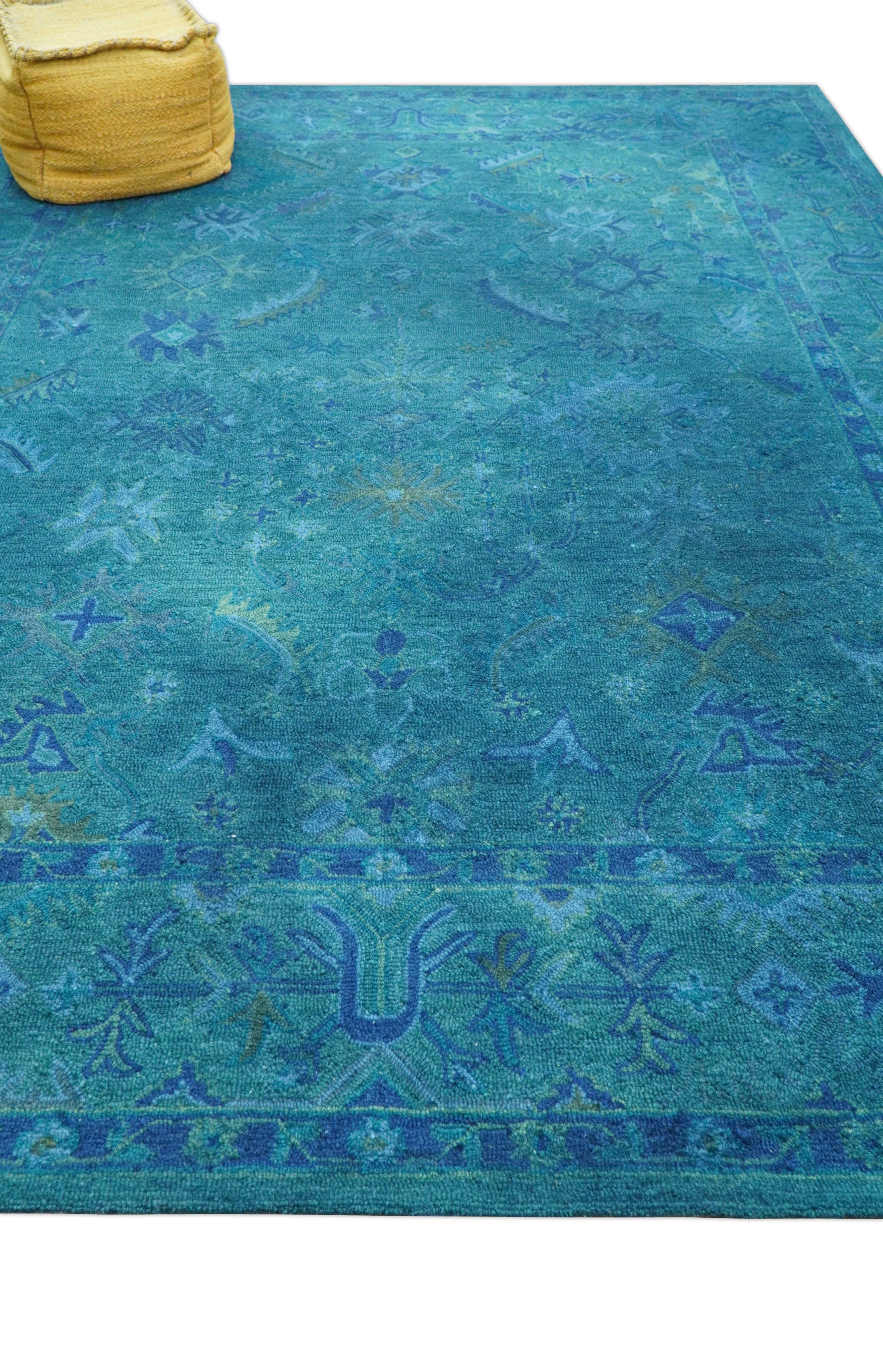 Custom Made Overdyed Traditional Oushak Blue Hand Tufted Wool Area Rug - Image 4