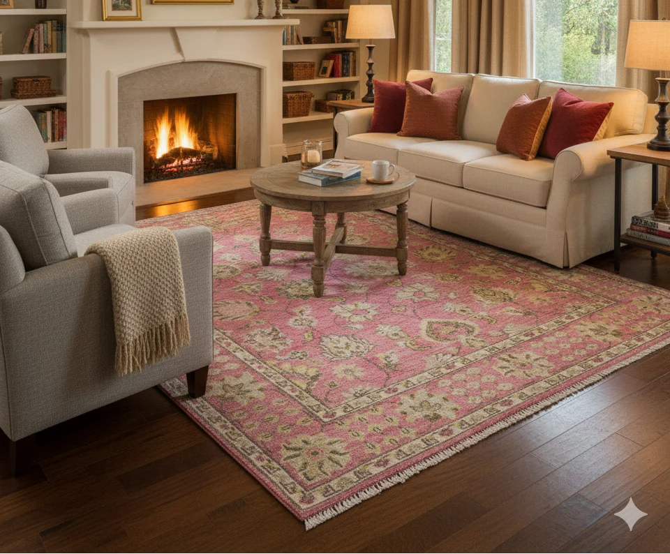 Custom Made Pink and Beige Oushak Hand Knotted Wool Rug - Image 2