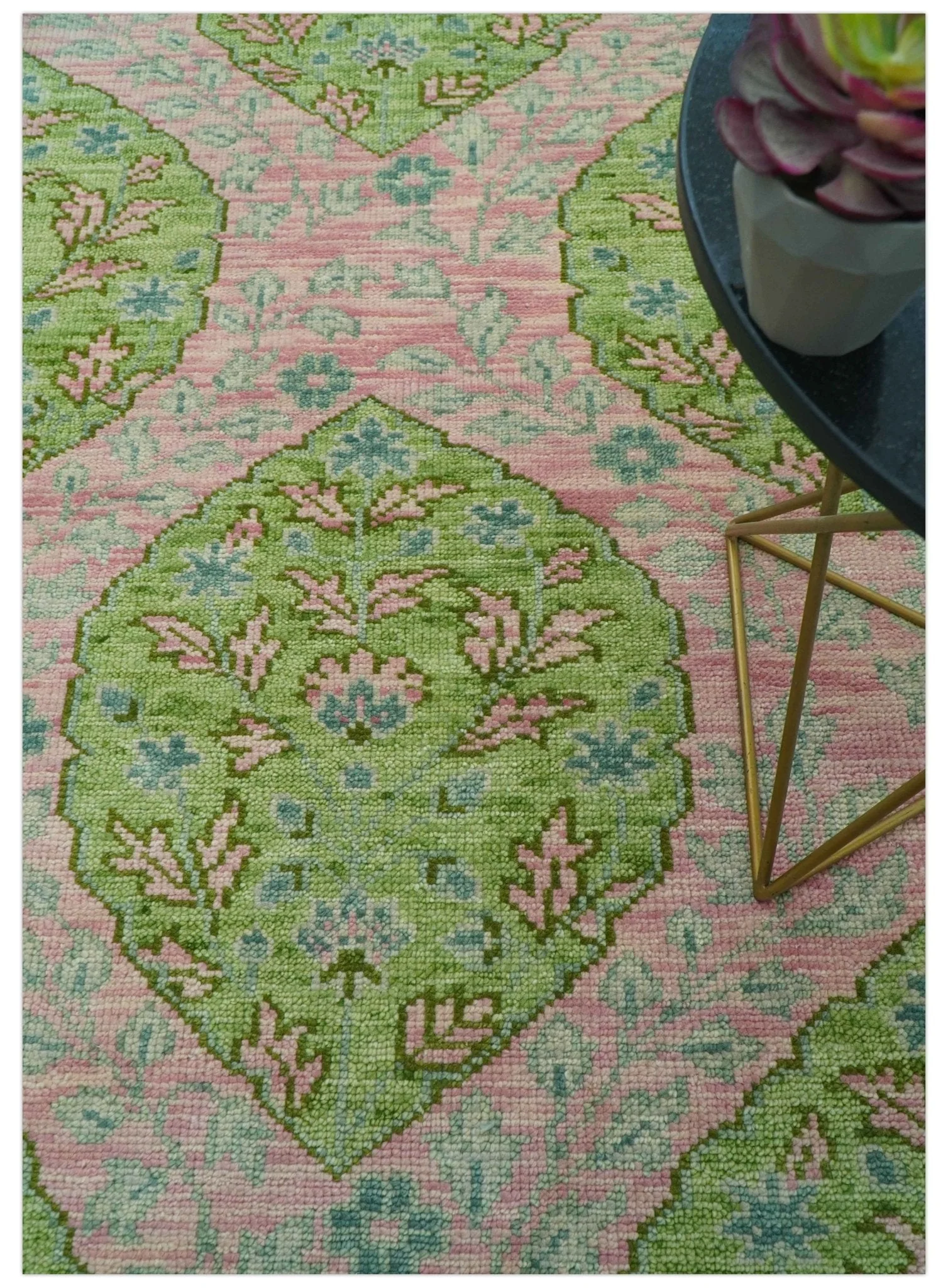 Custom Made Pink And Green Traditional Floral Motifs Design Hand Knotted wool area rug - Image 2