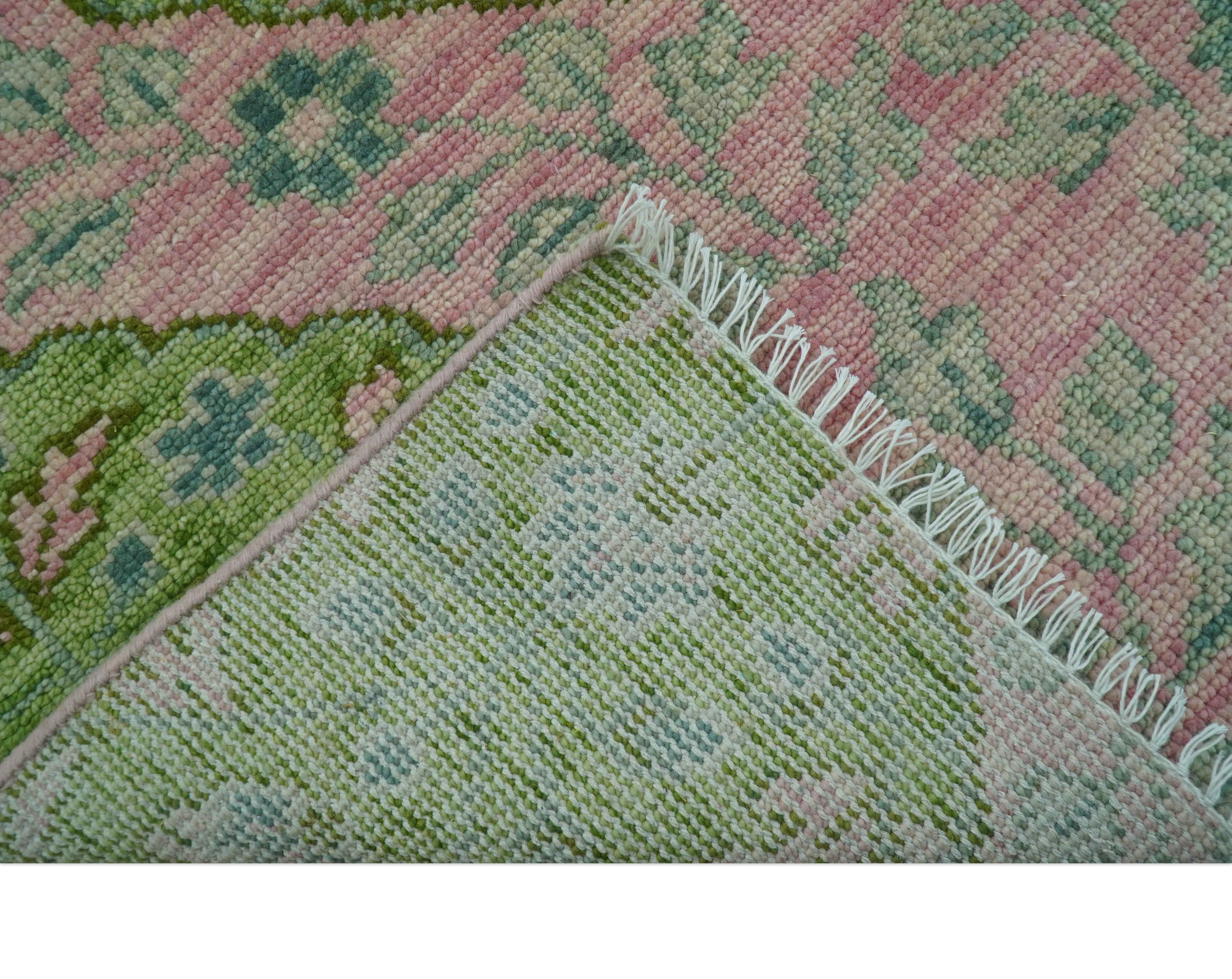 Custom Made Pink And Green Traditional Floral Motifs Design Hand Knotted wool area rug - Image 3