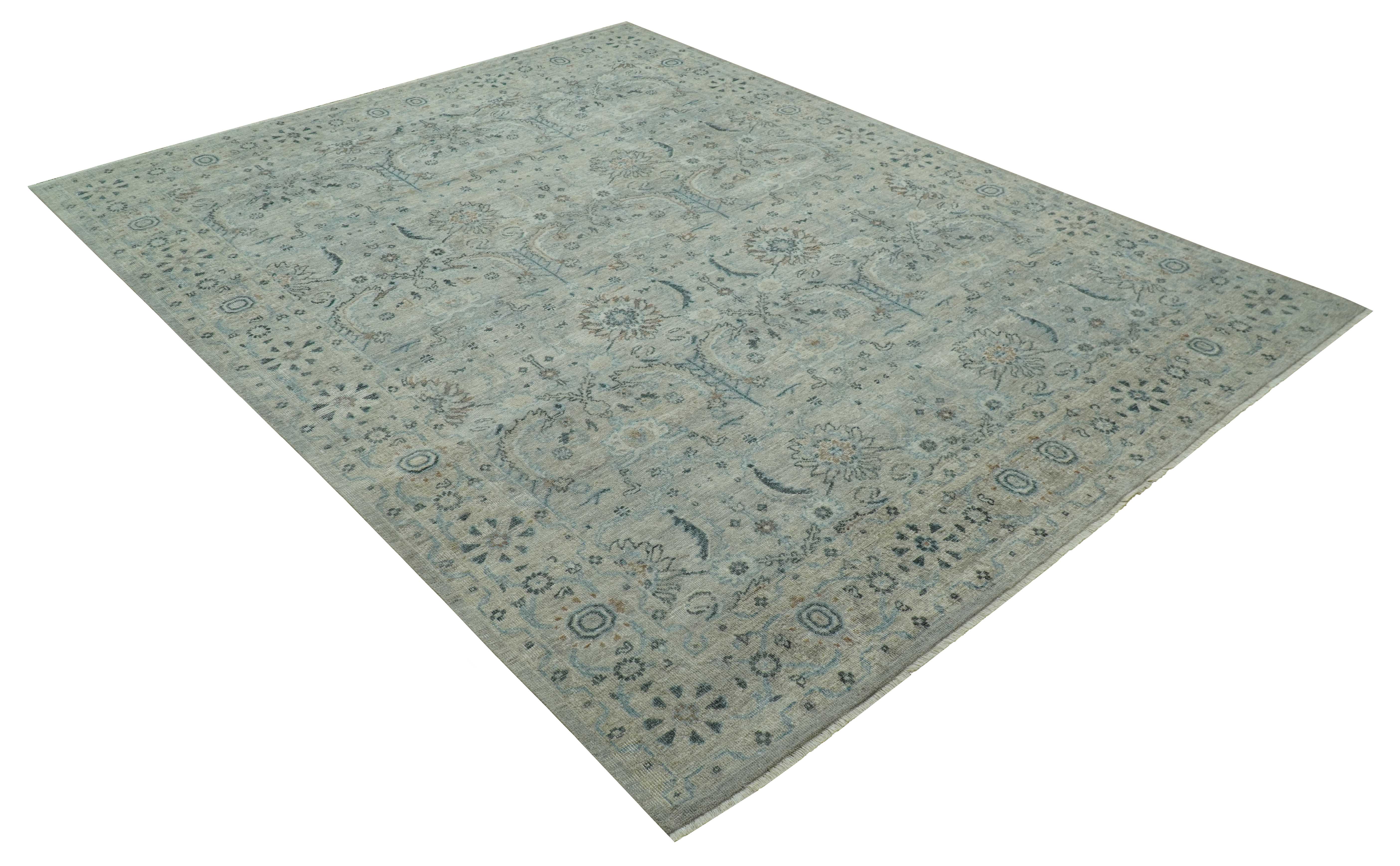 Custom Made Silver And Blue Traditional Oriental Design Hand knotted Wool Area Rug - Image 11