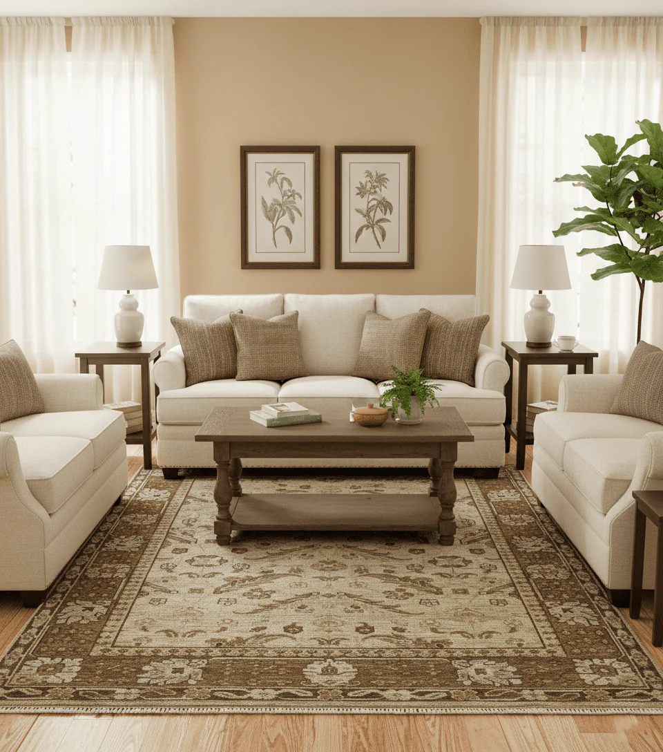 Custom Made Traditional Design Beige And Brown Hand Knotted wool area rug - Image 2