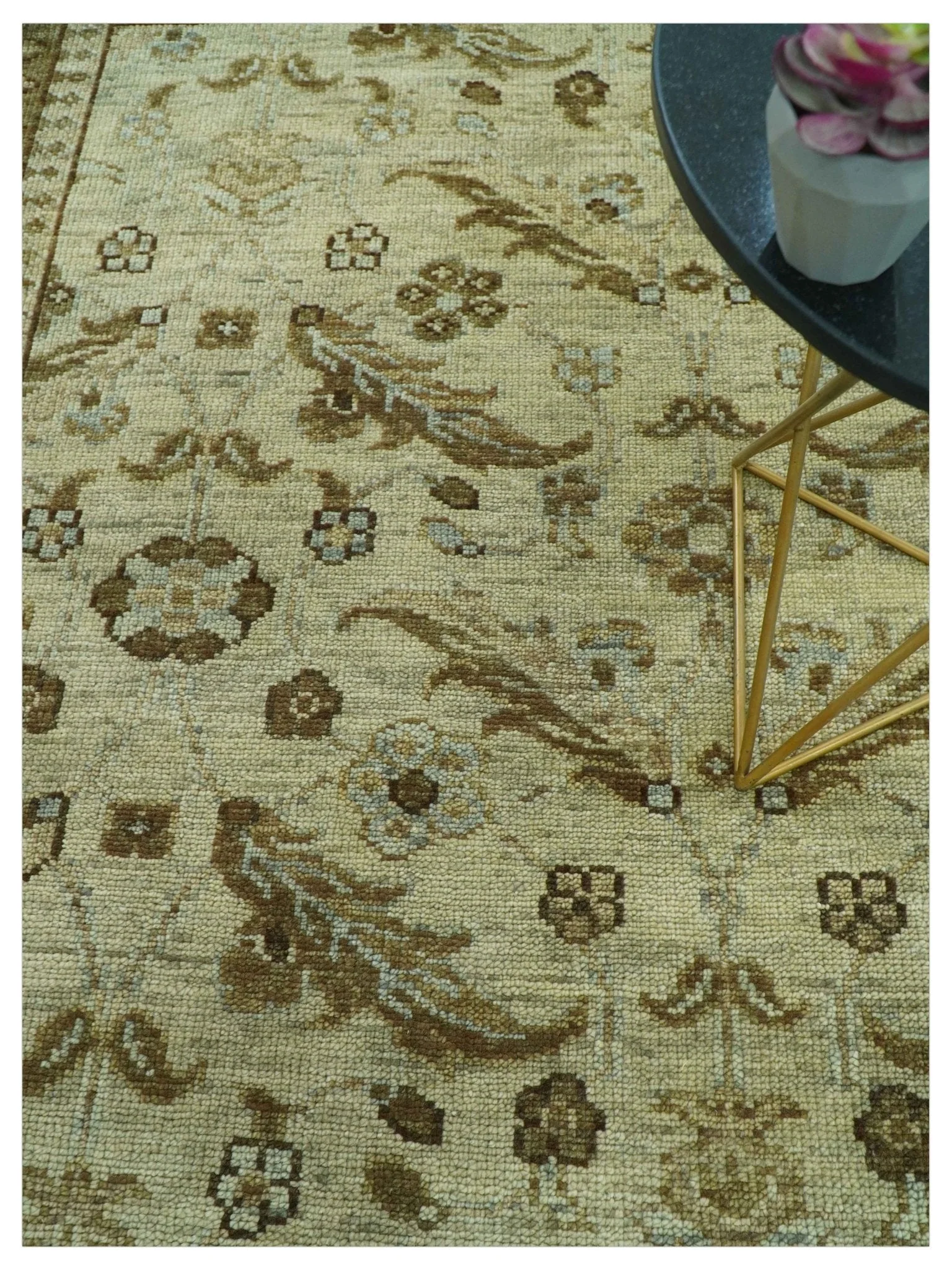 Custom Made Traditional Design Beige And Brown Hand Knotted wool area rug - Image 3