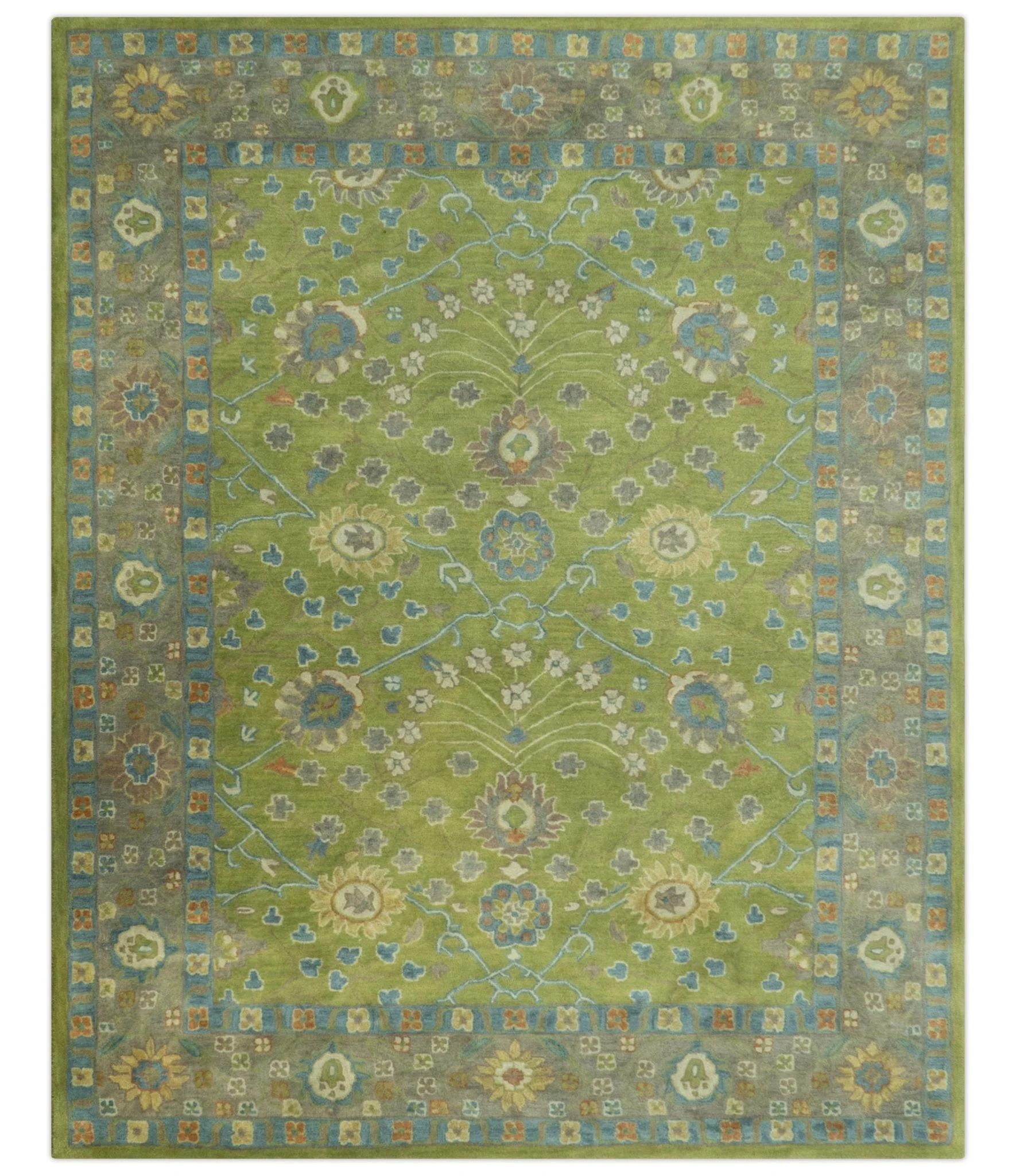 Custom Made Traditional Floral Design Green And Blue Hand Tufted wool Area Rug - Image 10