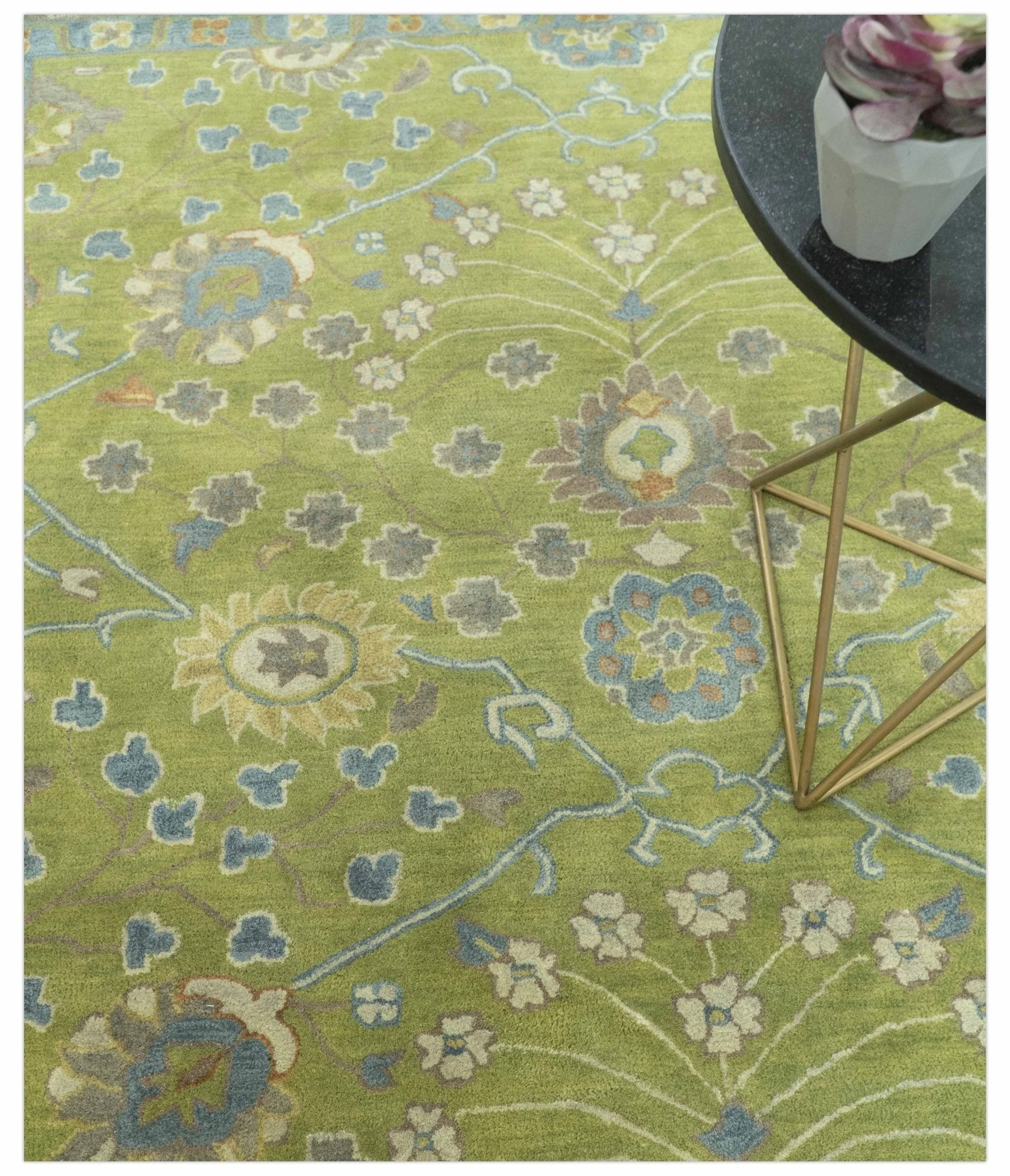Custom Made Traditional Floral Design Green And Blue Hand Tufted wool Area Rug - Image 3