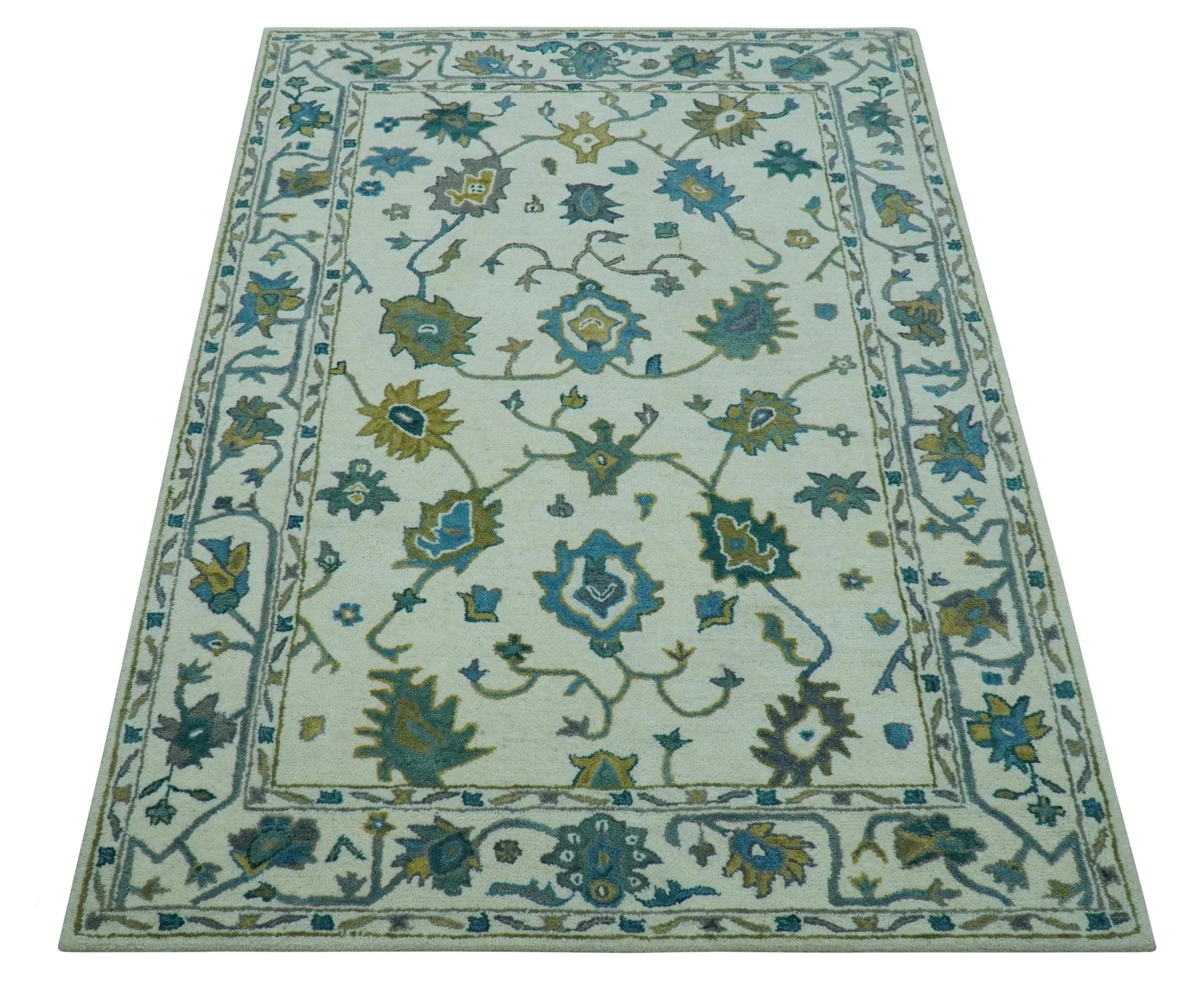 Custom Made Traditional Ivory And Blue Oushak Hand Tufted Wool Area Rug - Image 10