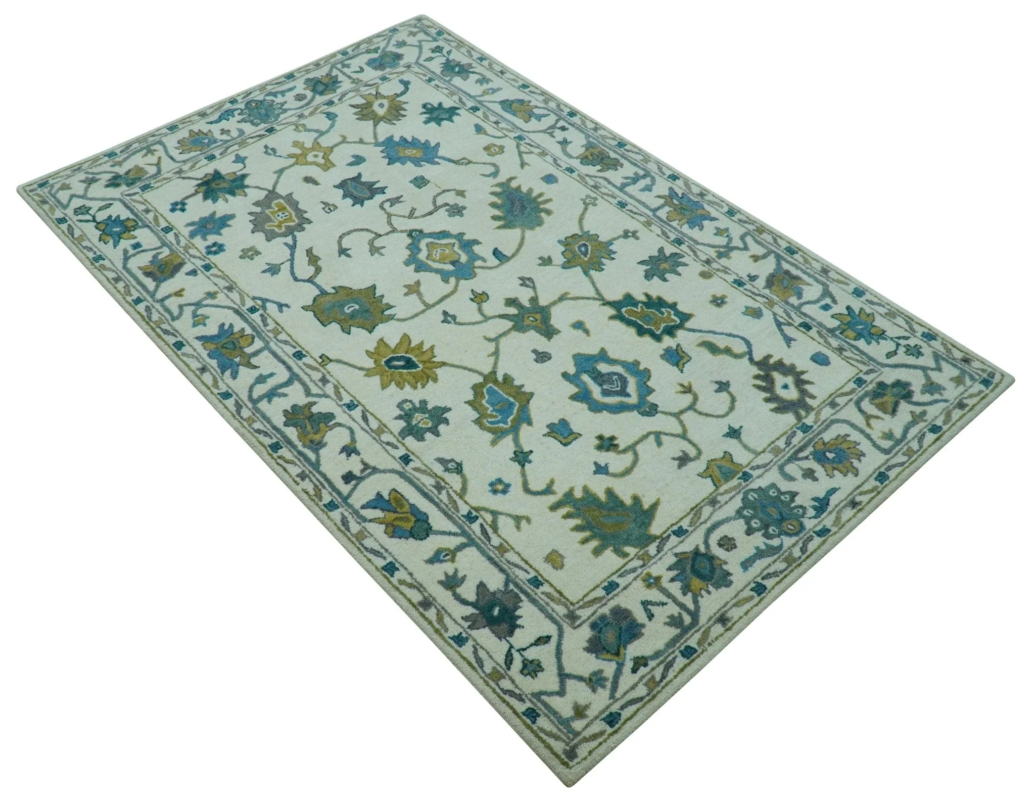 Custom Made Traditional Ivory And Blue Oushak Hand Tufted Wool Area Rug - Image 11