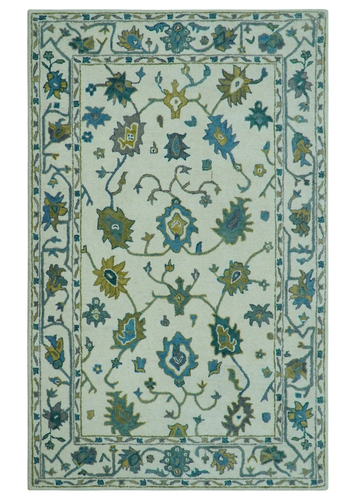Custom Made Traditional Ivory And Blue Oushak Hand Tufted Wool Area Rug - Image 2