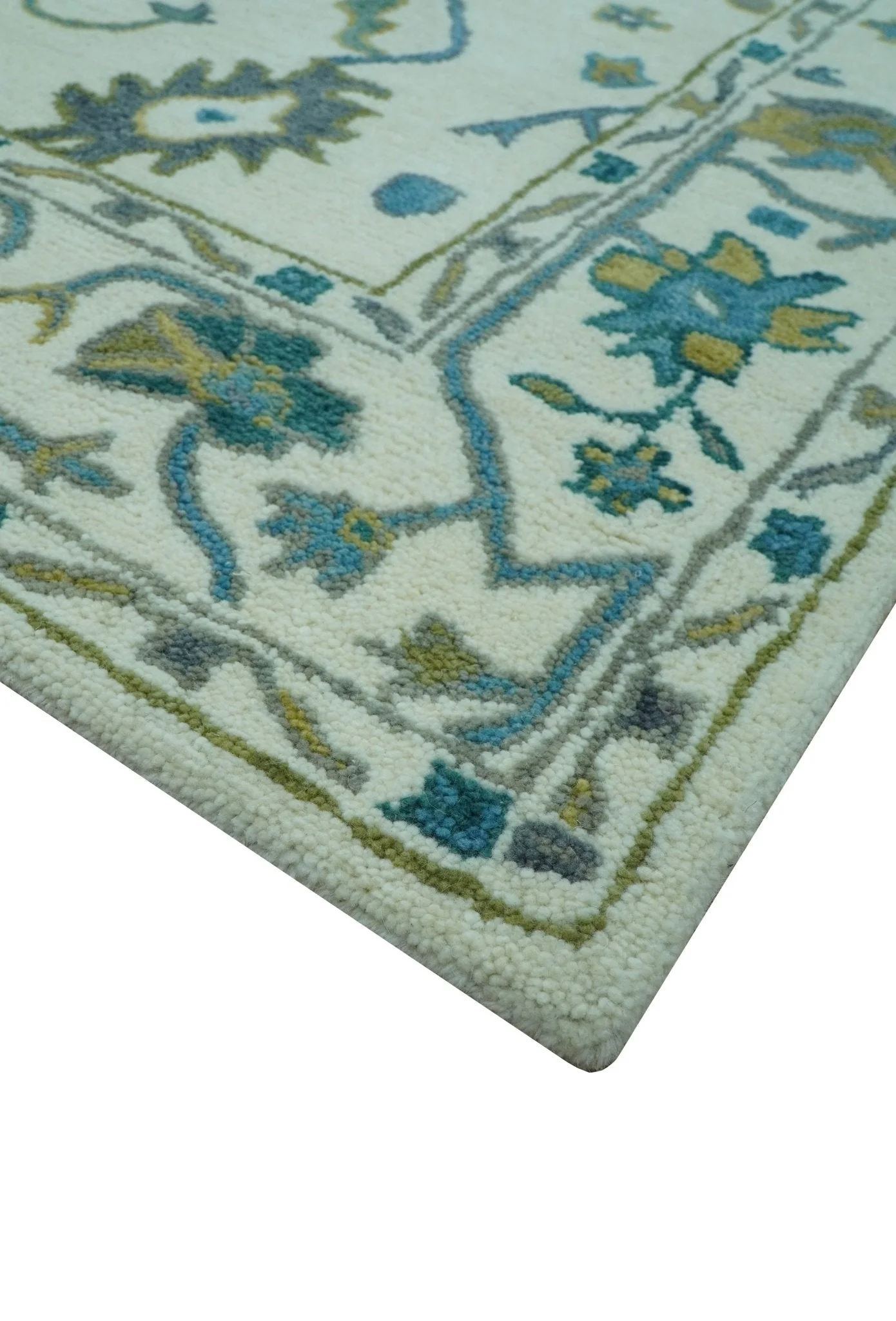 Custom Made Traditional Ivory And Blue Oushak Hand Tufted Wool Area Rug - Image 5