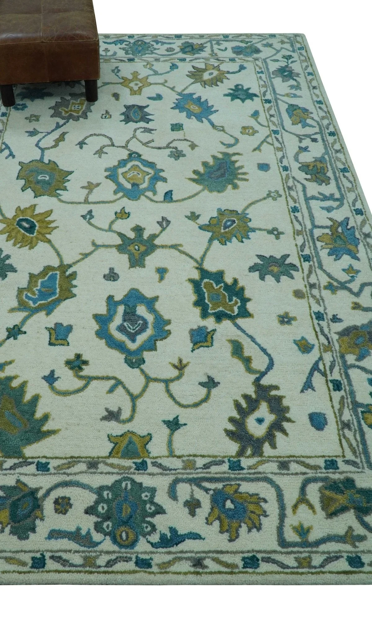 Custom Made Traditional Ivory And Blue Oushak Hand Tufted Wool Area Rug - Image 9