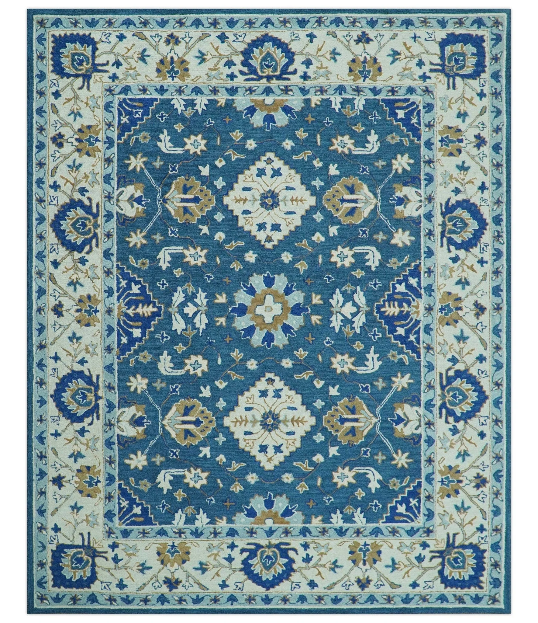 Custom Made Traditional Oriental Design Blue And Beige Hand-Tufted Wool Area Rug - Image 10