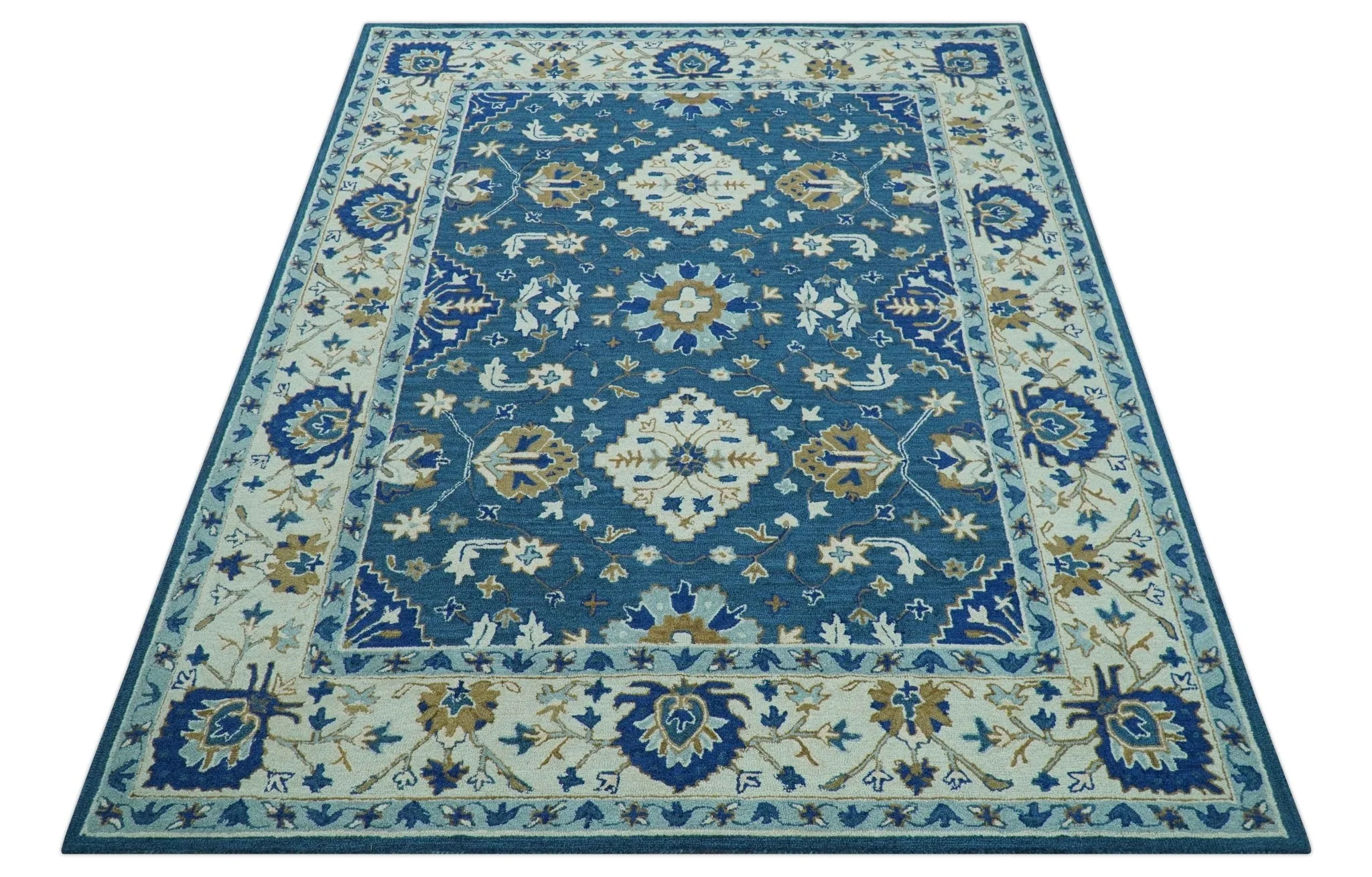 Custom Made Traditional Oriental Design Blue And Beige Hand-Tufted Wool Area Rug - Image 11