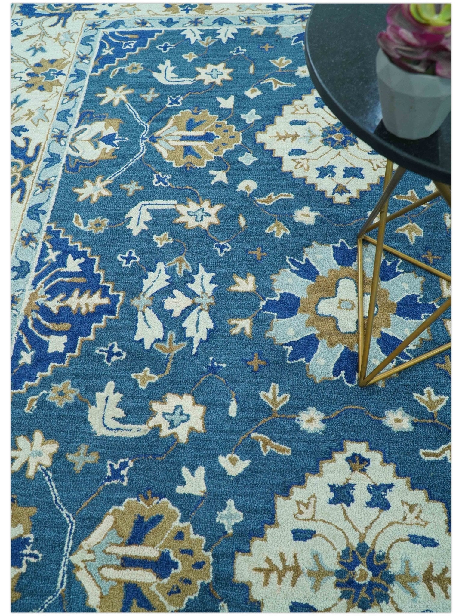 Custom Made Traditional Oriental Design Blue And Beige Hand-Tufted Wool Area Rug - Image 3
