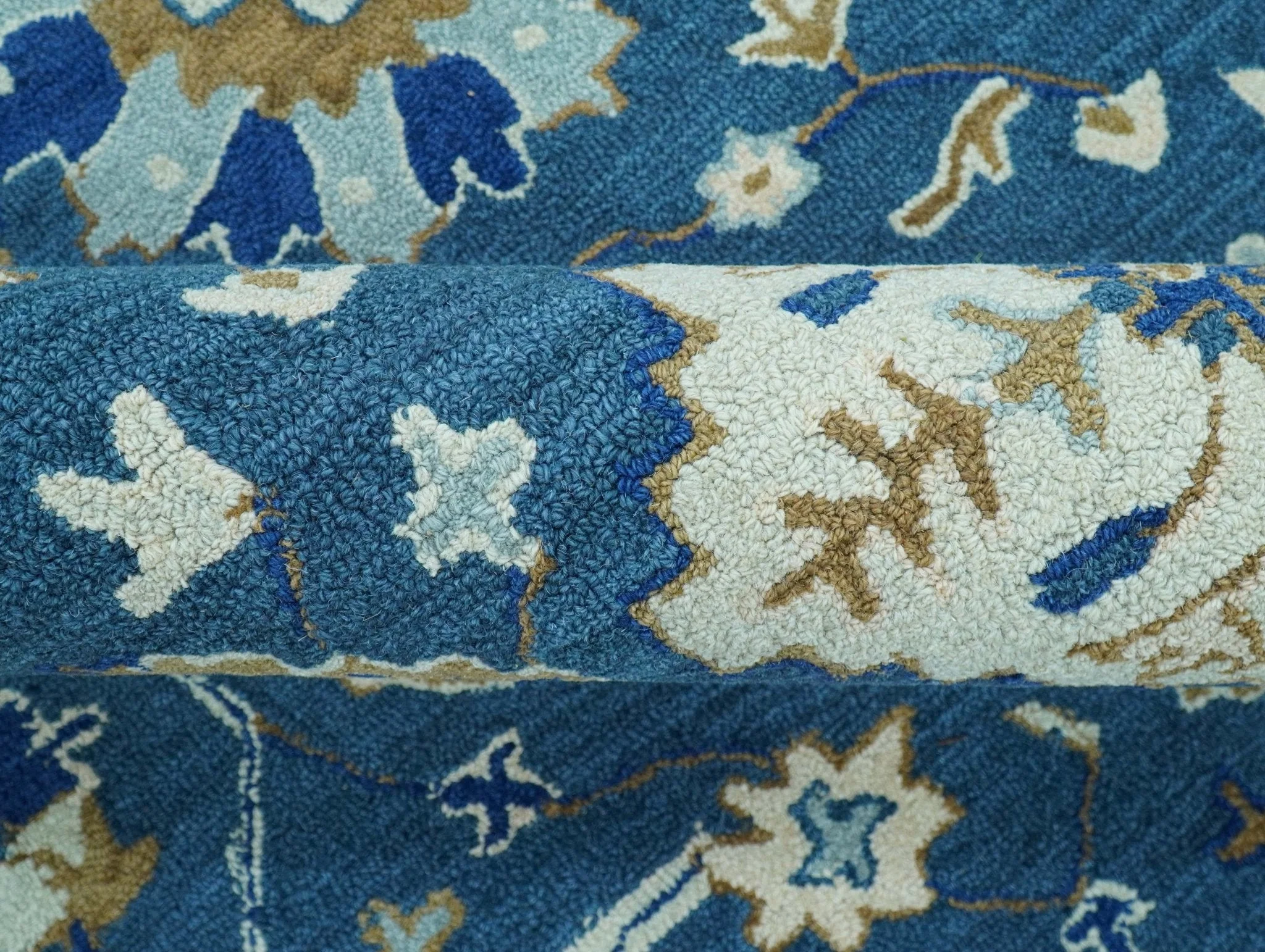 Custom Made Traditional Oriental Design Blue And Beige Hand-Tufted Wool Area Rug - Image 6