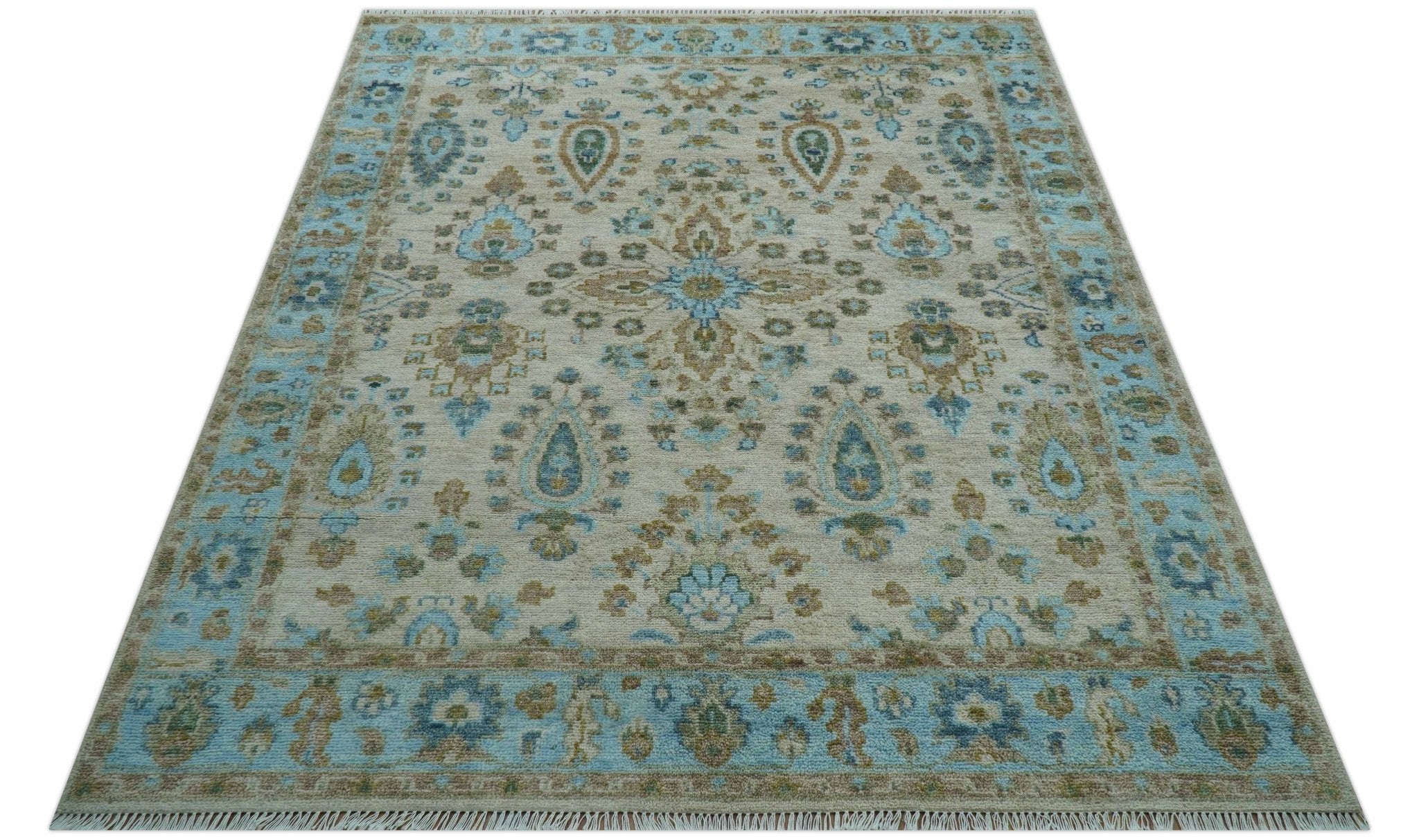 Custom Made Traditional Oriental Design Ivory And Blue Hand knotted Wool Area Rug - Image 10