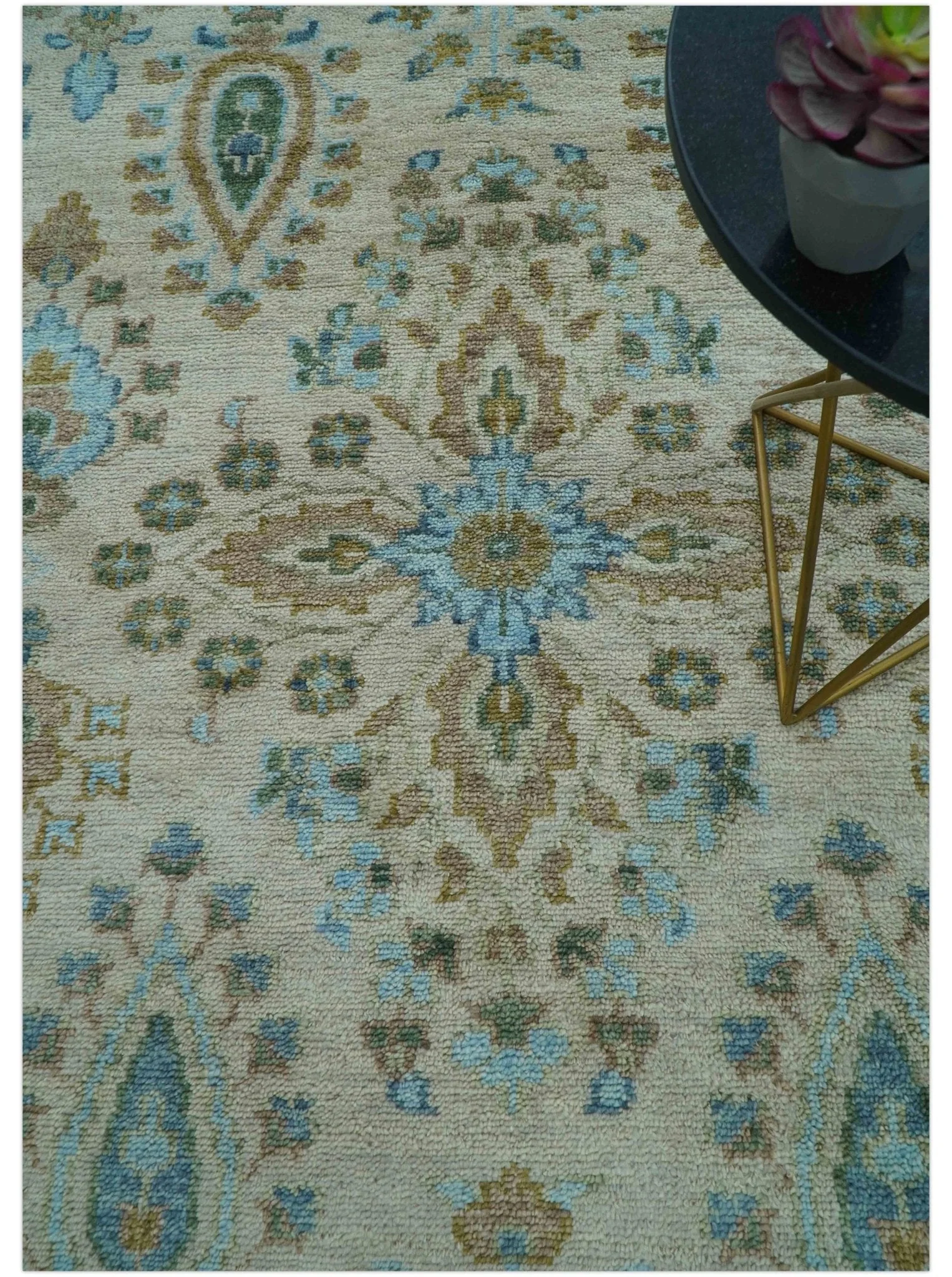 Custom Made Traditional Oriental Design Ivory And Blue Hand knotted Wool Area Rug - Image 3