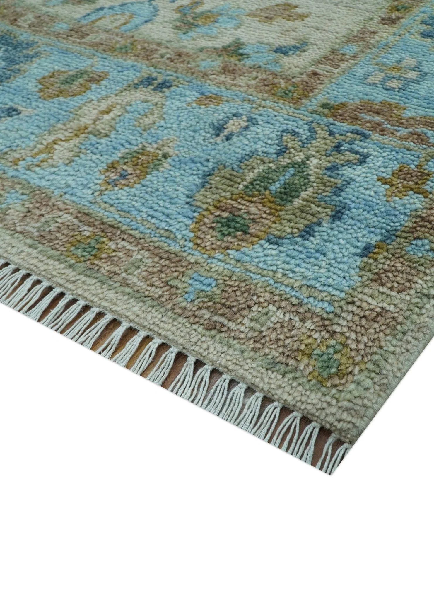 Custom Made Traditional Oriental Design Ivory And Blue Hand knotted Wool Area Rug - Image 6