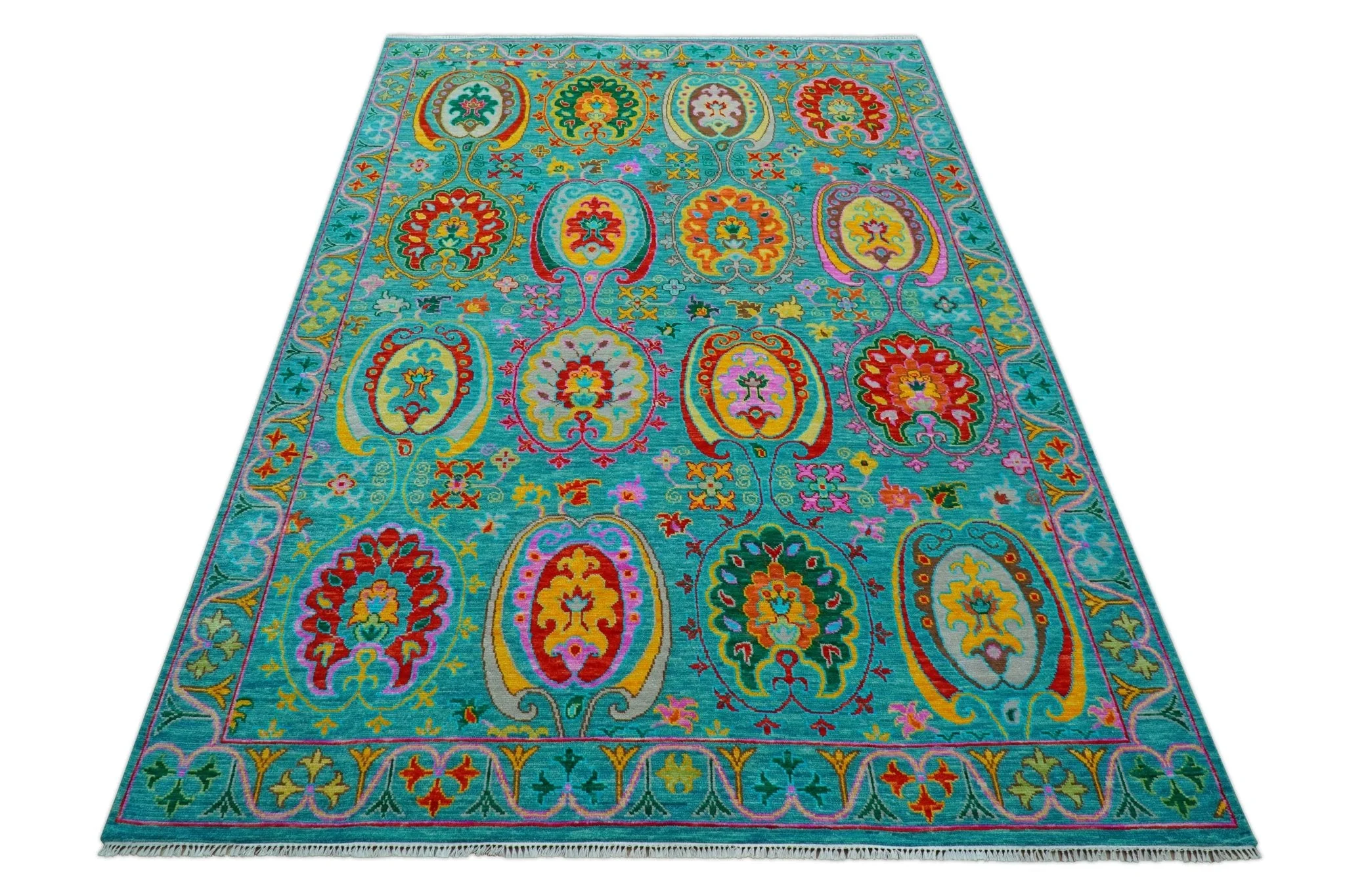 Custom Made Traditional Oriental Design Teal Hand Knotted Wool Area Rug - Image 11