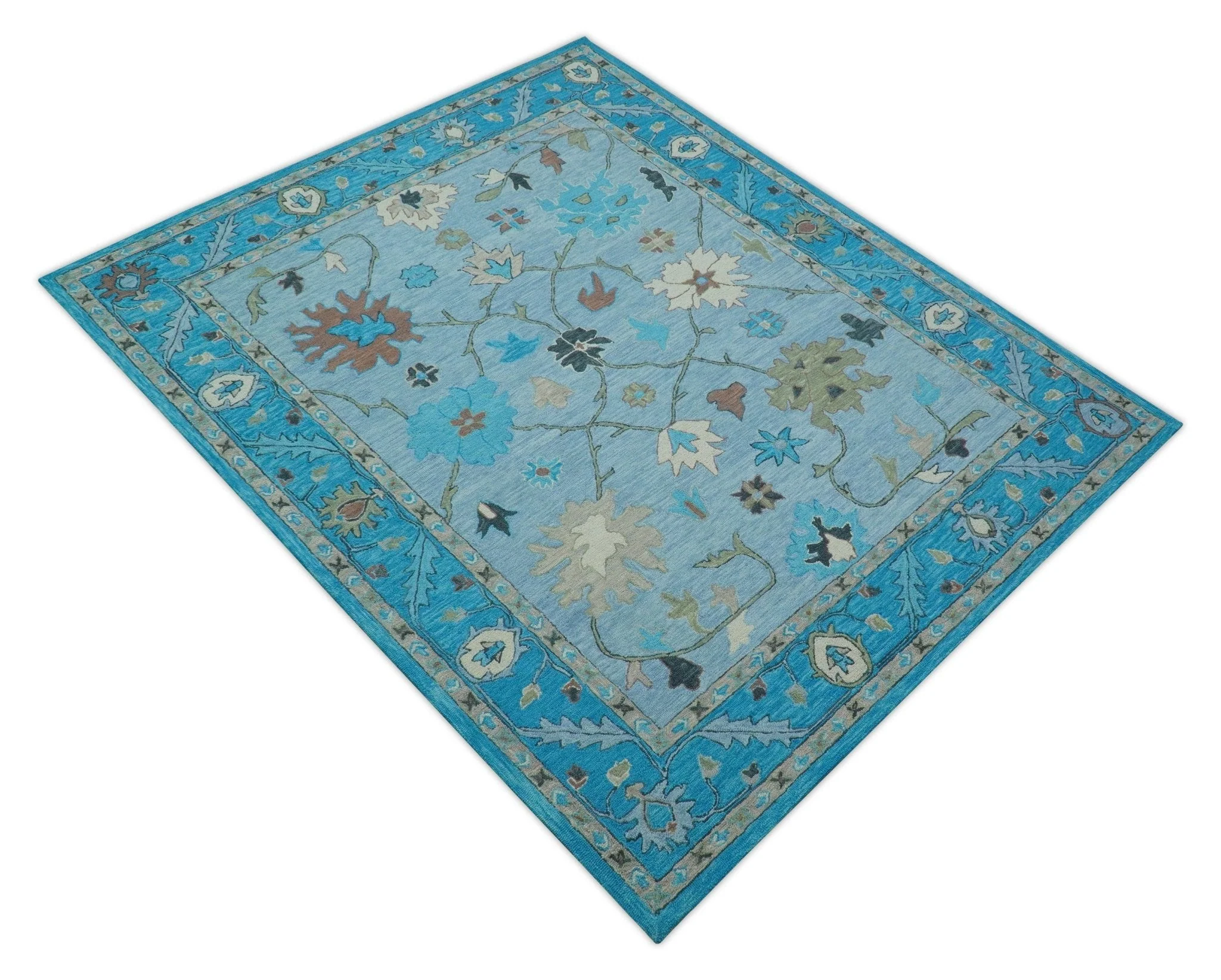 Custom Made Traditional Oushak Blue And Beige Hand Tufted Wool Area Rug - Image 11