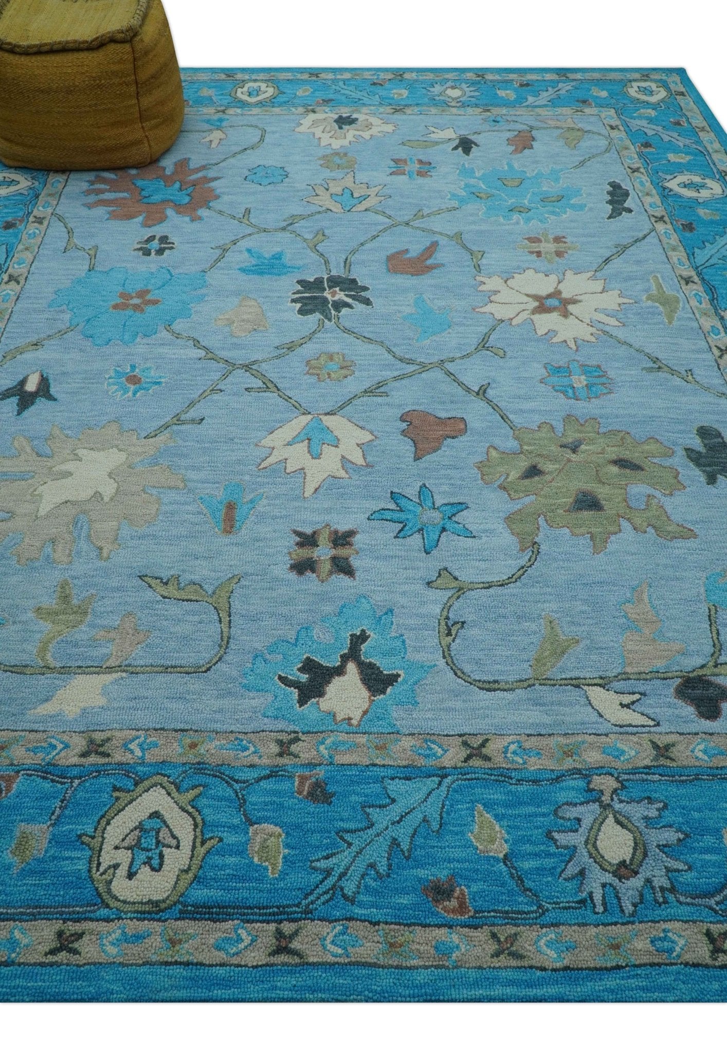 Custom Made Traditional Oushak Blue And Beige Hand Tufted Wool Area Rug - Image 4
