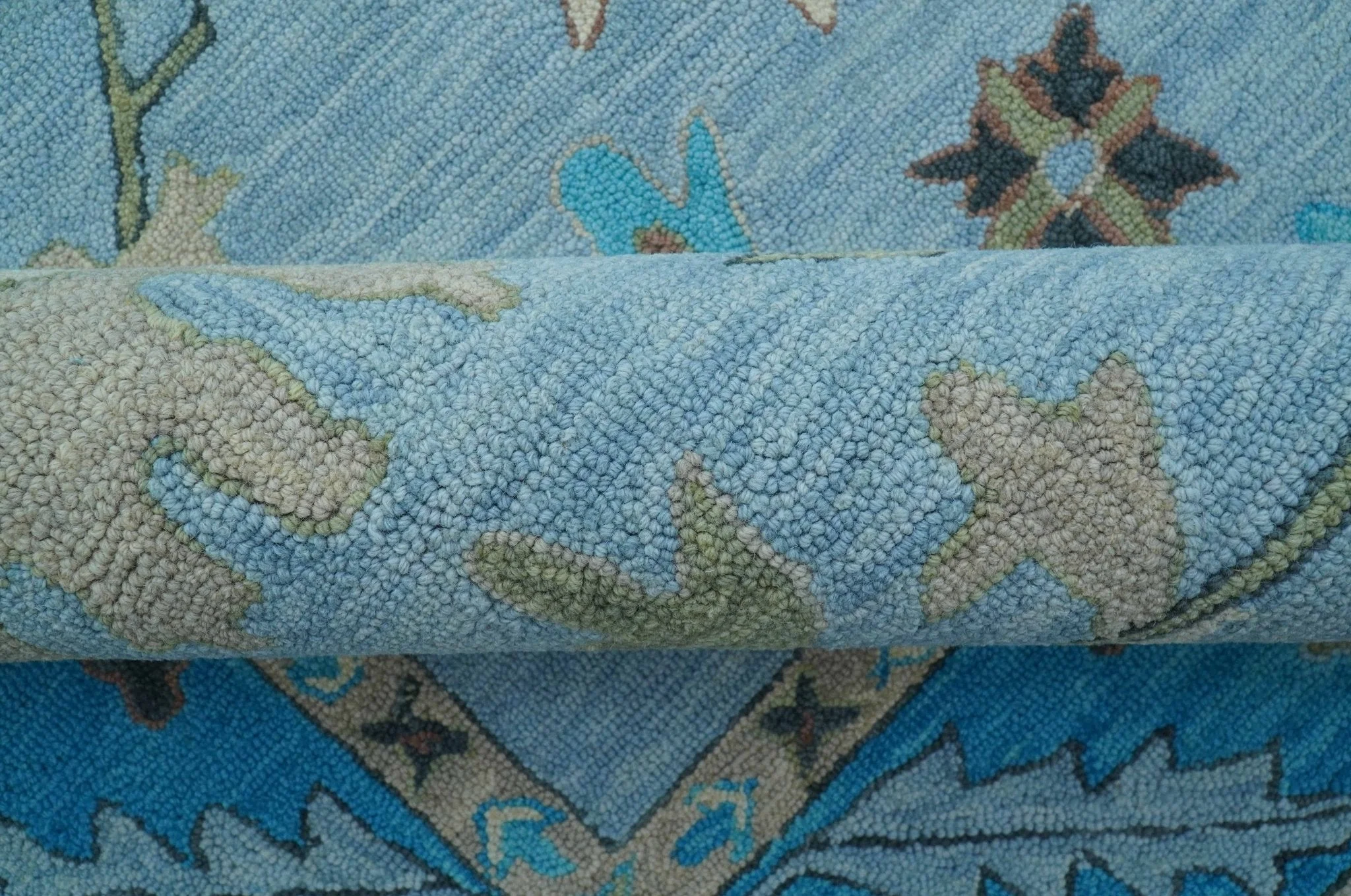 Custom Made Traditional Oushak Blue And Beige Hand Tufted Wool Area Rug - Image 6