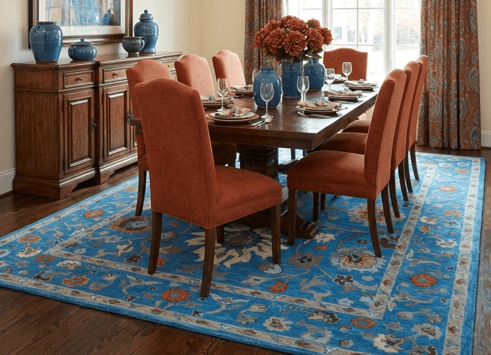 Custom Made Traditional Oushak Blue And Beige Hand Tufted Wool Rug