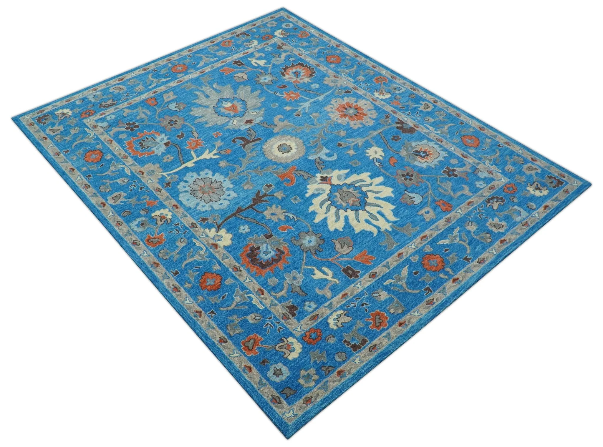 Custom Made Traditional Oushak Blue And Beige Hand Tufted Wool Rug - Image 10
