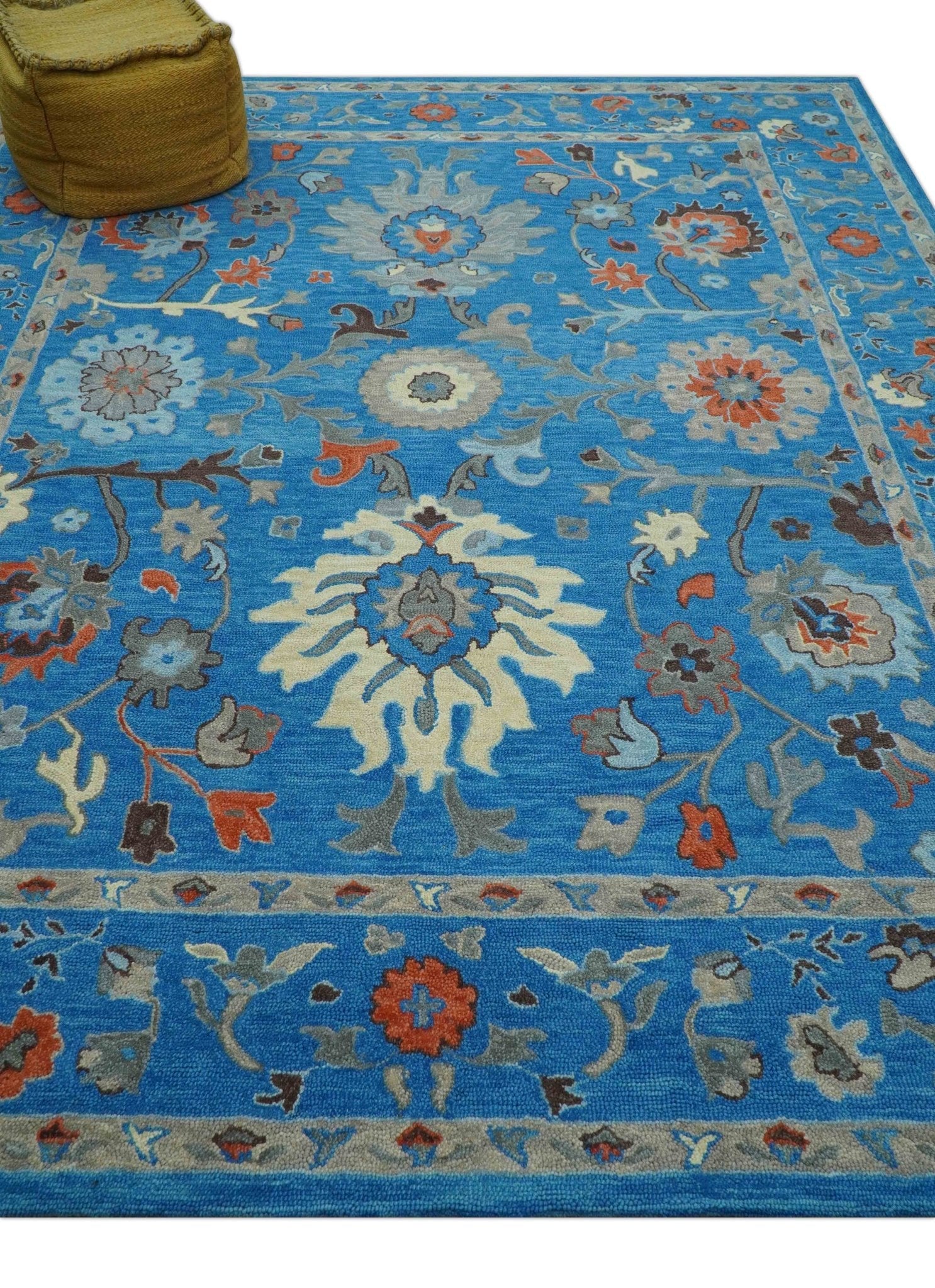Custom Made Traditional Oushak Blue And Beige Hand Tufted Wool Rug - Image 3