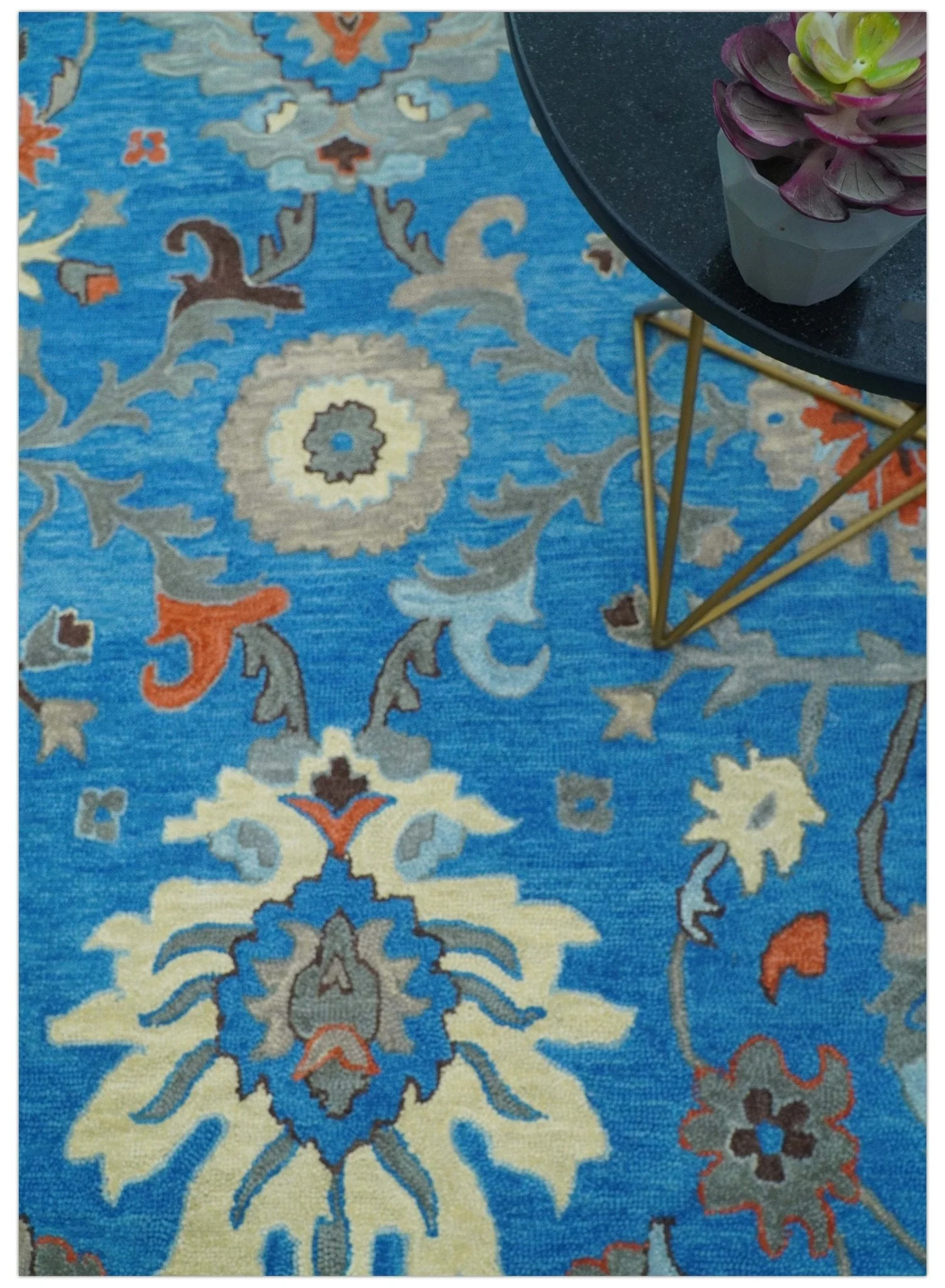 Custom Made Traditional Oushak Blue And Beige Hand Tufted Wool Rug - Image 4