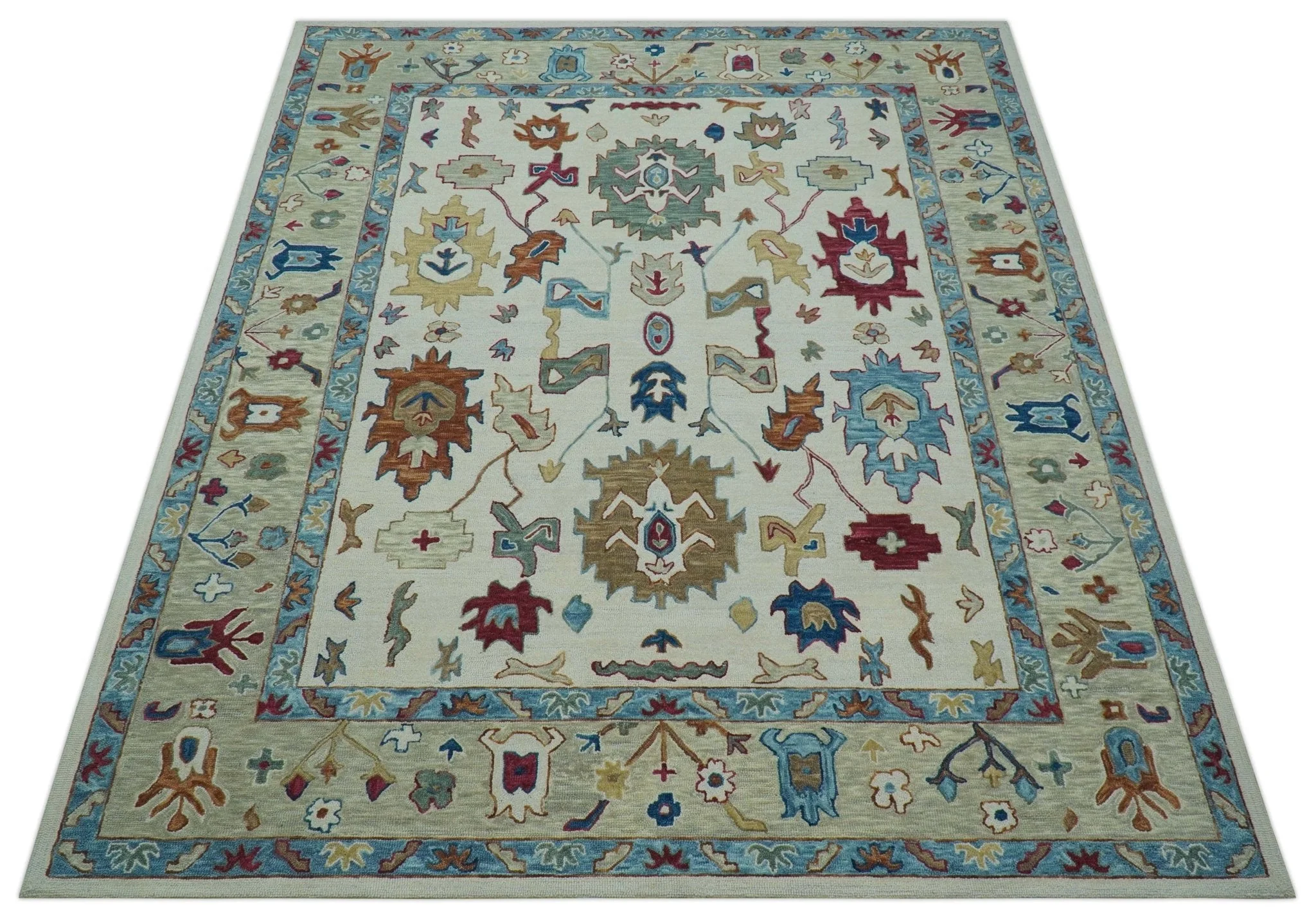 Custom Made Traditional Oushak Blue And Beige Hand Tufted Wool Rug - Image 11