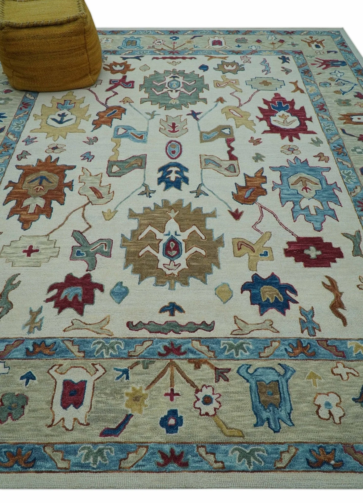 Custom Made Traditional Oushak Blue And Beige Hand Tufted Wool Rug - Image 3