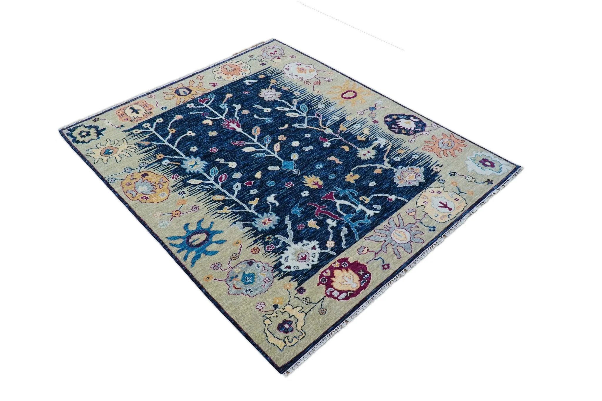 Custom Made Traditional Oushak Blue And Ivory Hand Knotted Wool Rug - Image 9