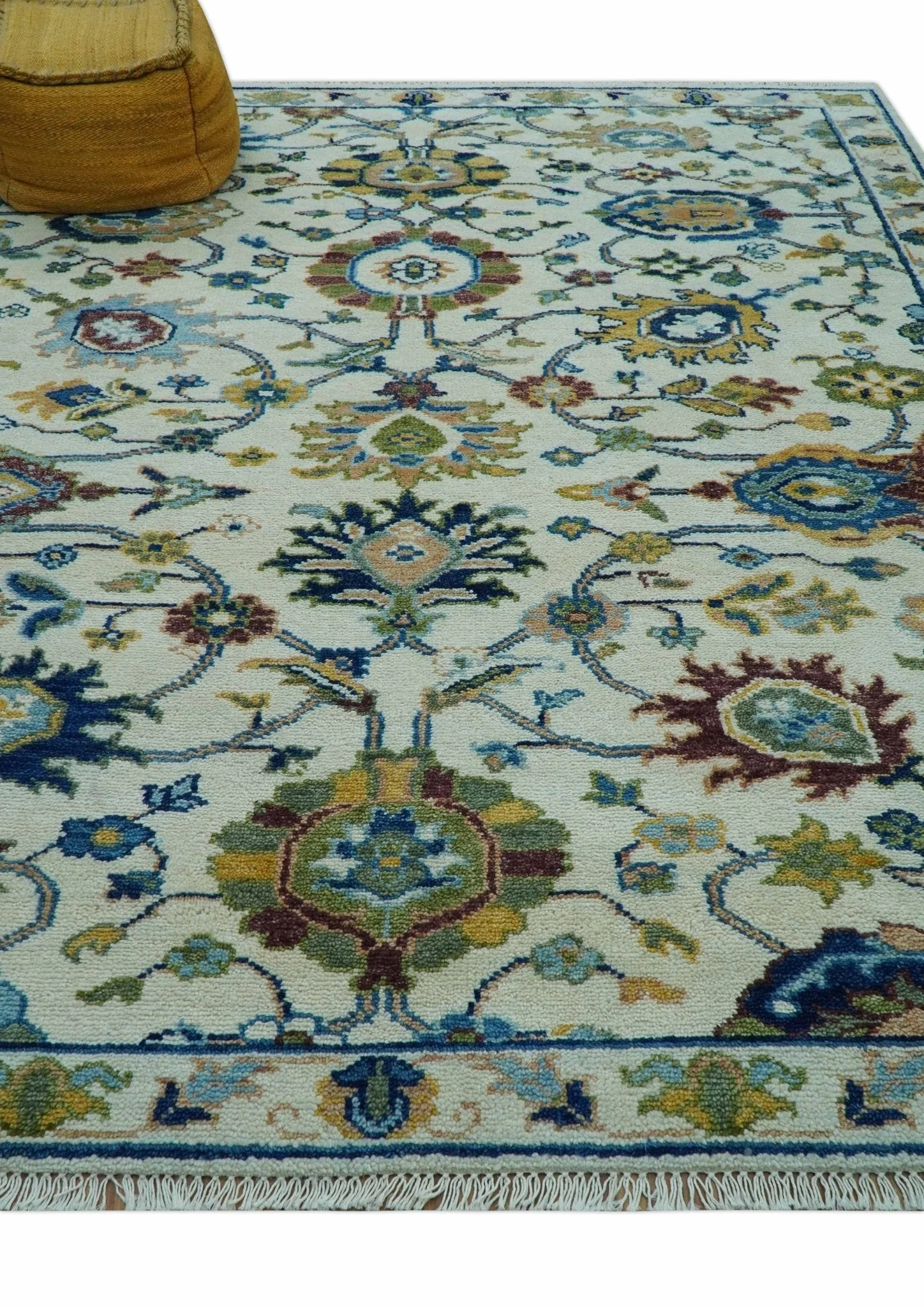 Custom Made Traditional Oushak Design Ivory And Blue Hand Knotted Wool Area Rug - Image 10