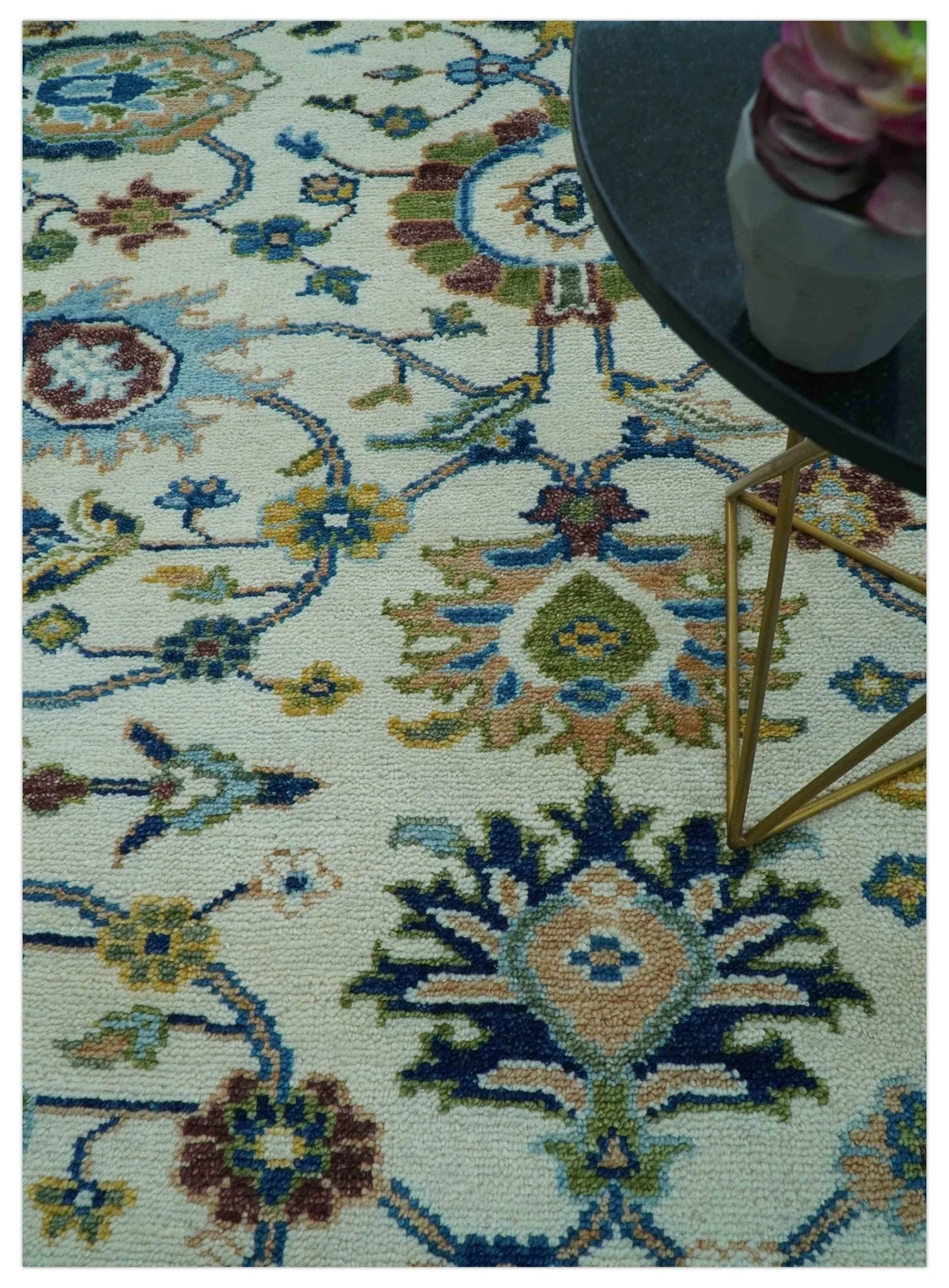 Custom Made Traditional Oushak Design Ivory And Blue Hand Knotted Wool Area Rug - Image 2