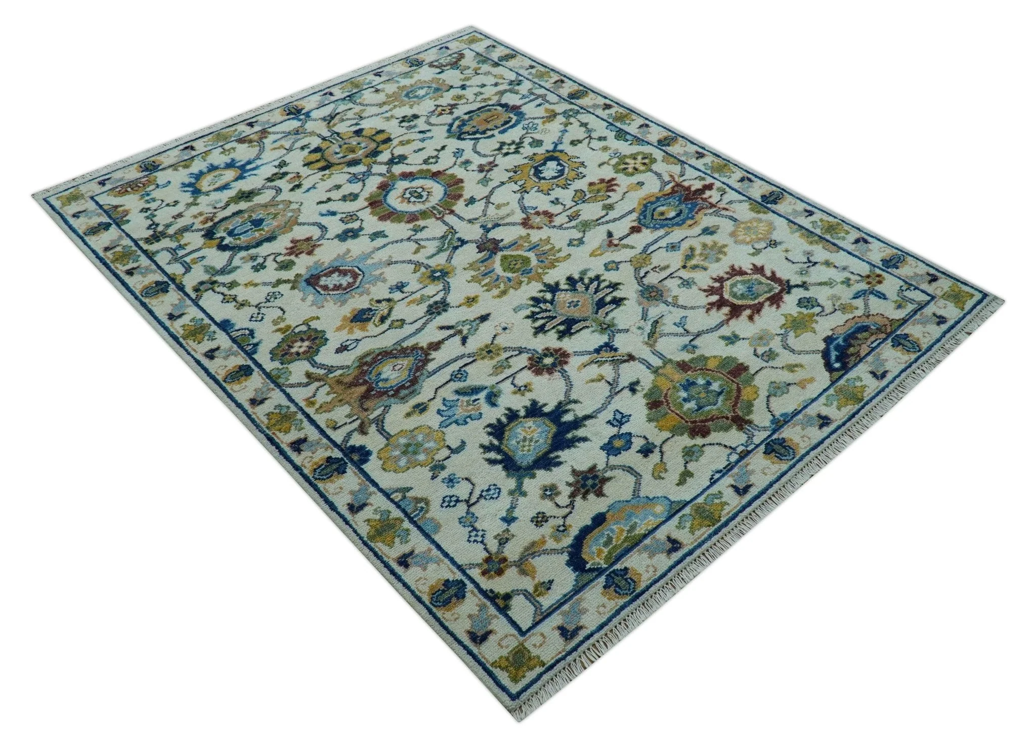 Custom Made Traditional Oushak Design Ivory And Blue Hand Knotted Wool Area Rug - Image 3