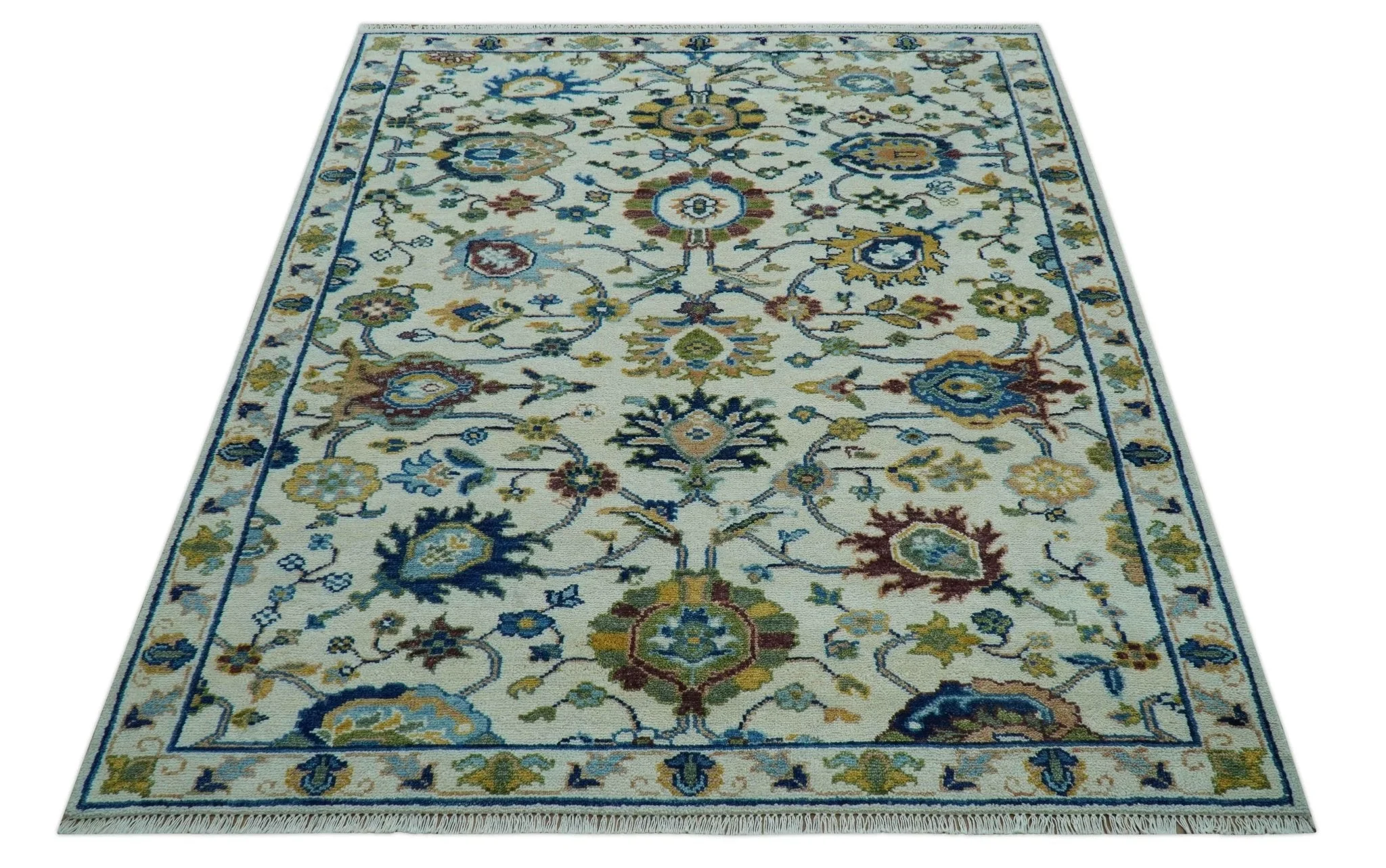 Custom Made Traditional Oushak Design Ivory And Blue Hand Knotted Wool Area Rug - Image 4