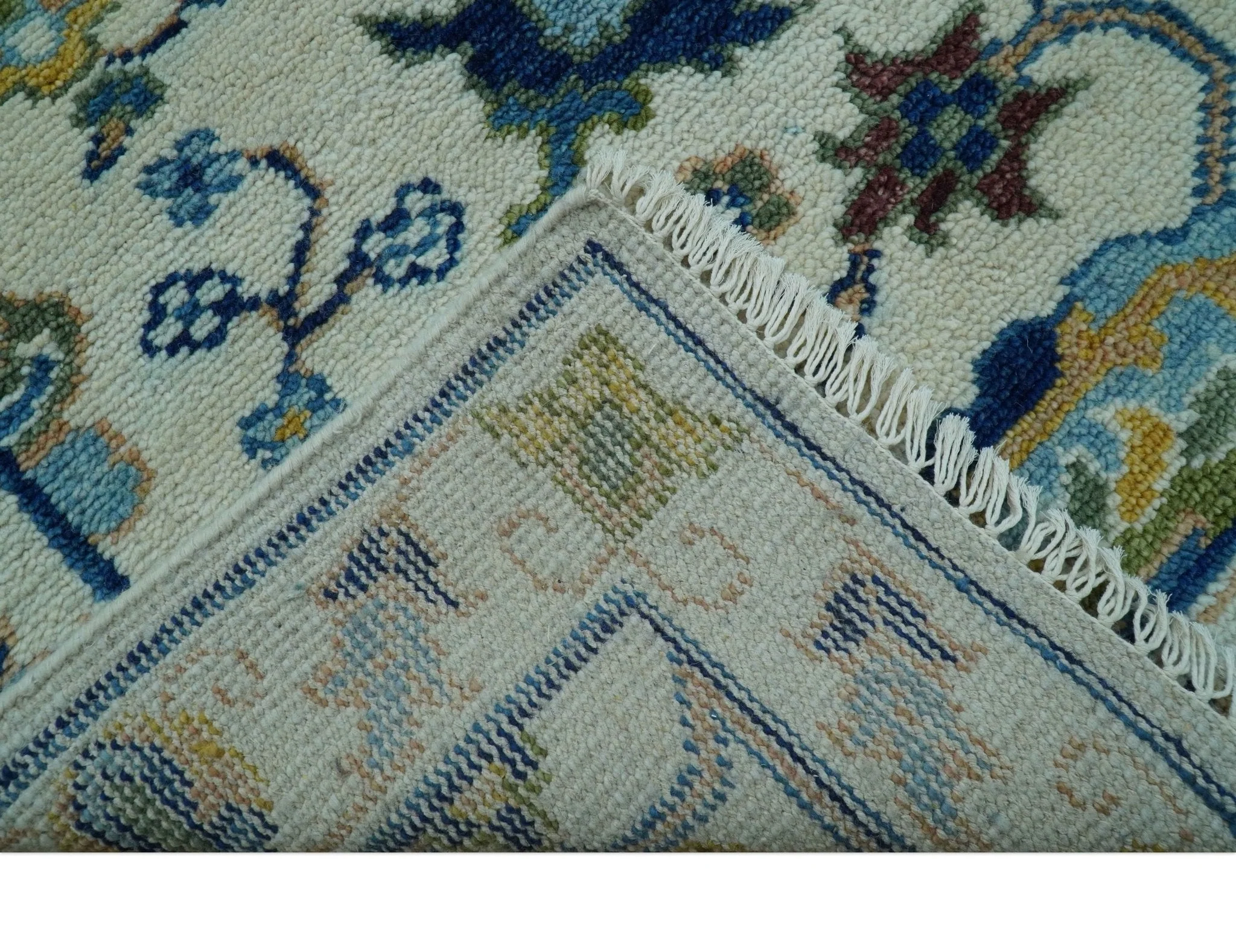 Custom Made Traditional Oushak Design Ivory And Blue Hand Knotted Wool Area Rug - Image 5