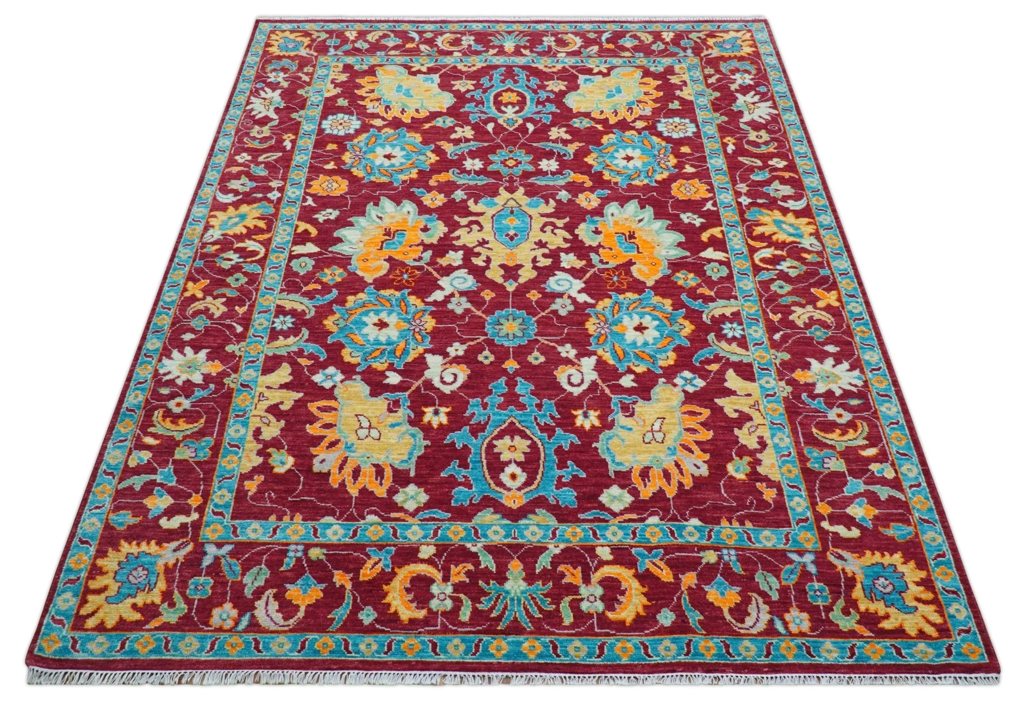 Custom Made Traditional Oushak Design Maroon Hand Knotted Wool Area Rug - Image 6