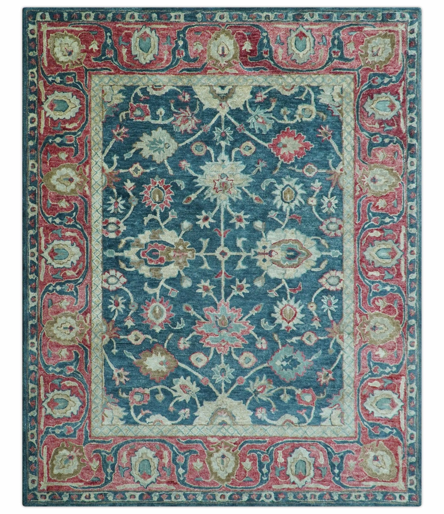 Custom Made Traditional Oushak Design Teal Hand Tufted Wool Rug