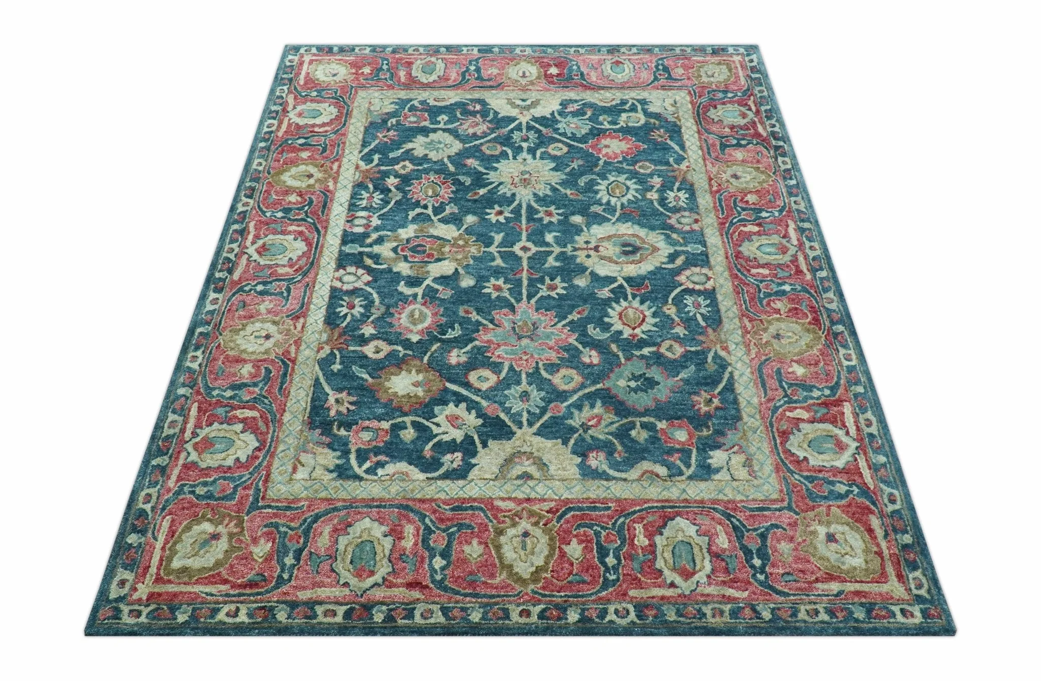 Custom Made Traditional Oushak Design Teal Hand Tufted Wool Rug - Image 10
