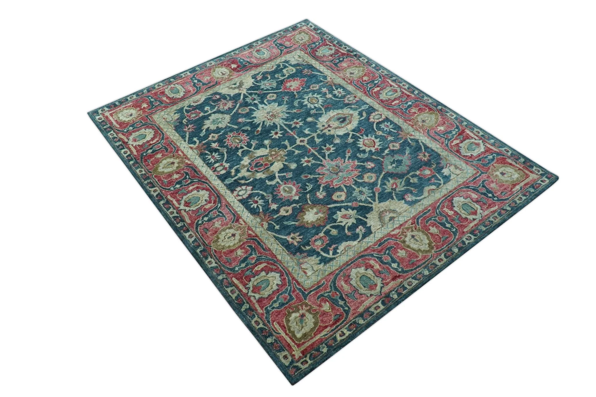 Custom Made Traditional Oushak Design Teal Hand Tufted Wool Rug - Image 11