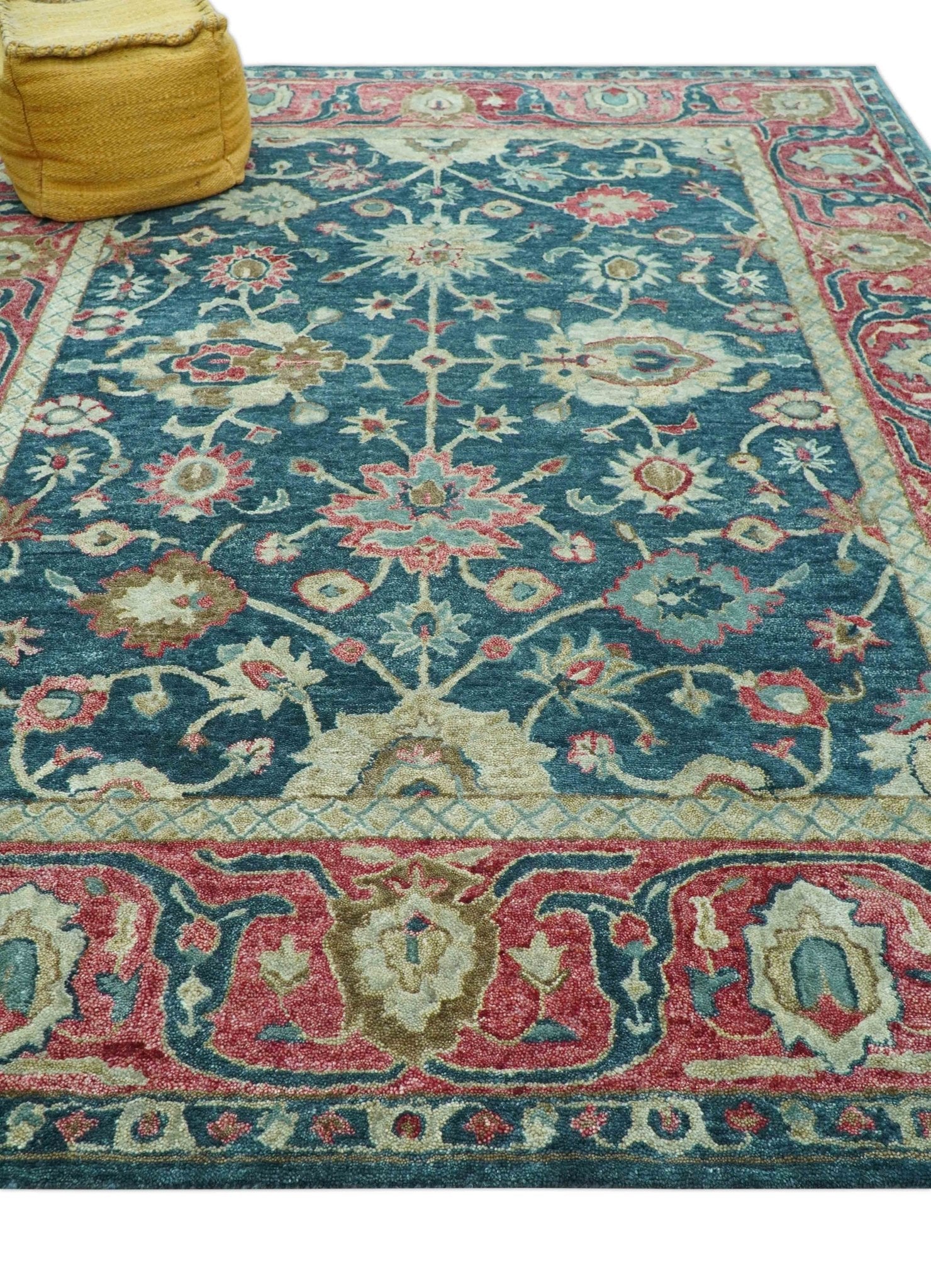 Custom Made Traditional Oushak Design Teal Hand Tufted Wool Rug - Image 3
