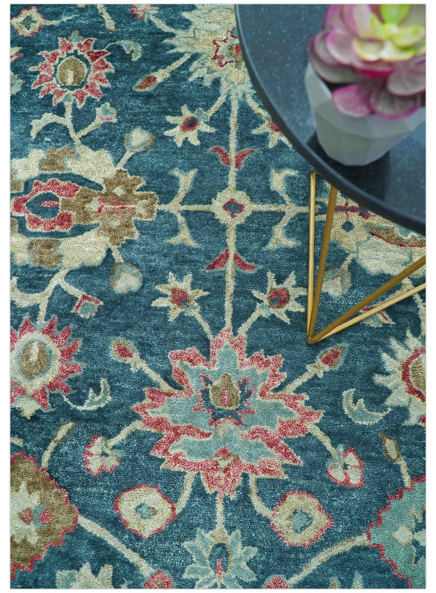 Custom Made Traditional Oushak Design Teal Hand Tufted Wool Rug - Image 4
