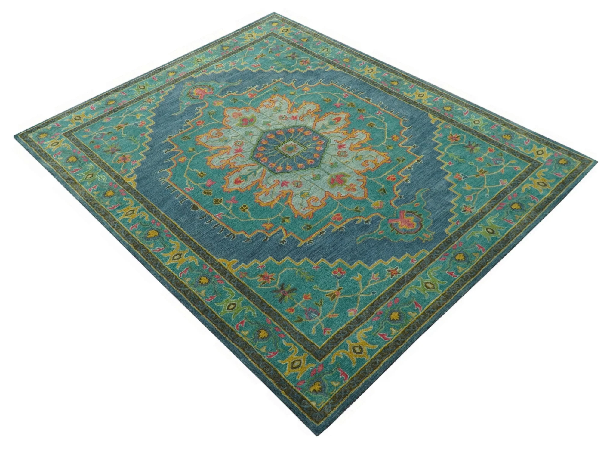 Custom Made Traditional Serapi Design Blue And Yellow Hand Tufted Wool Rug - Image 11