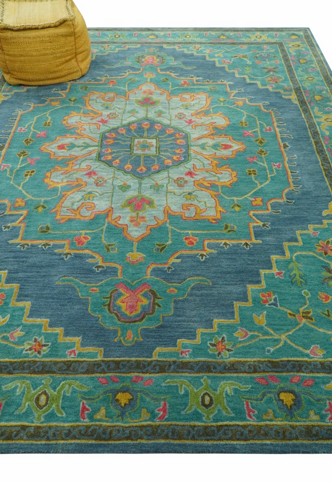 Custom Made Traditional Serapi Design Blue And Yellow Hand Tufted Wool Rug - Image 9