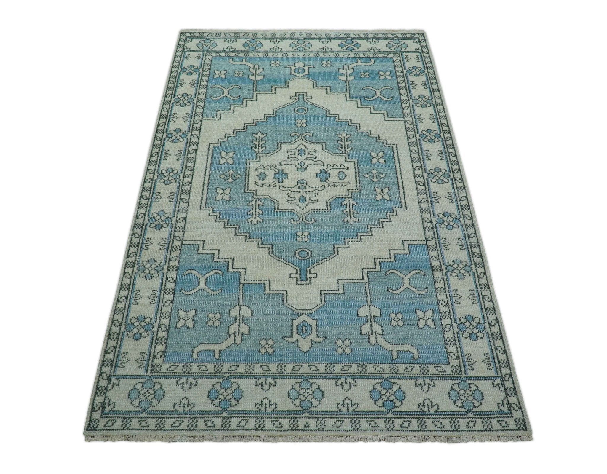 Custom Made Traditional Turkish Blue And Ivory Hand Knotted Wool Area Rug - Image 10