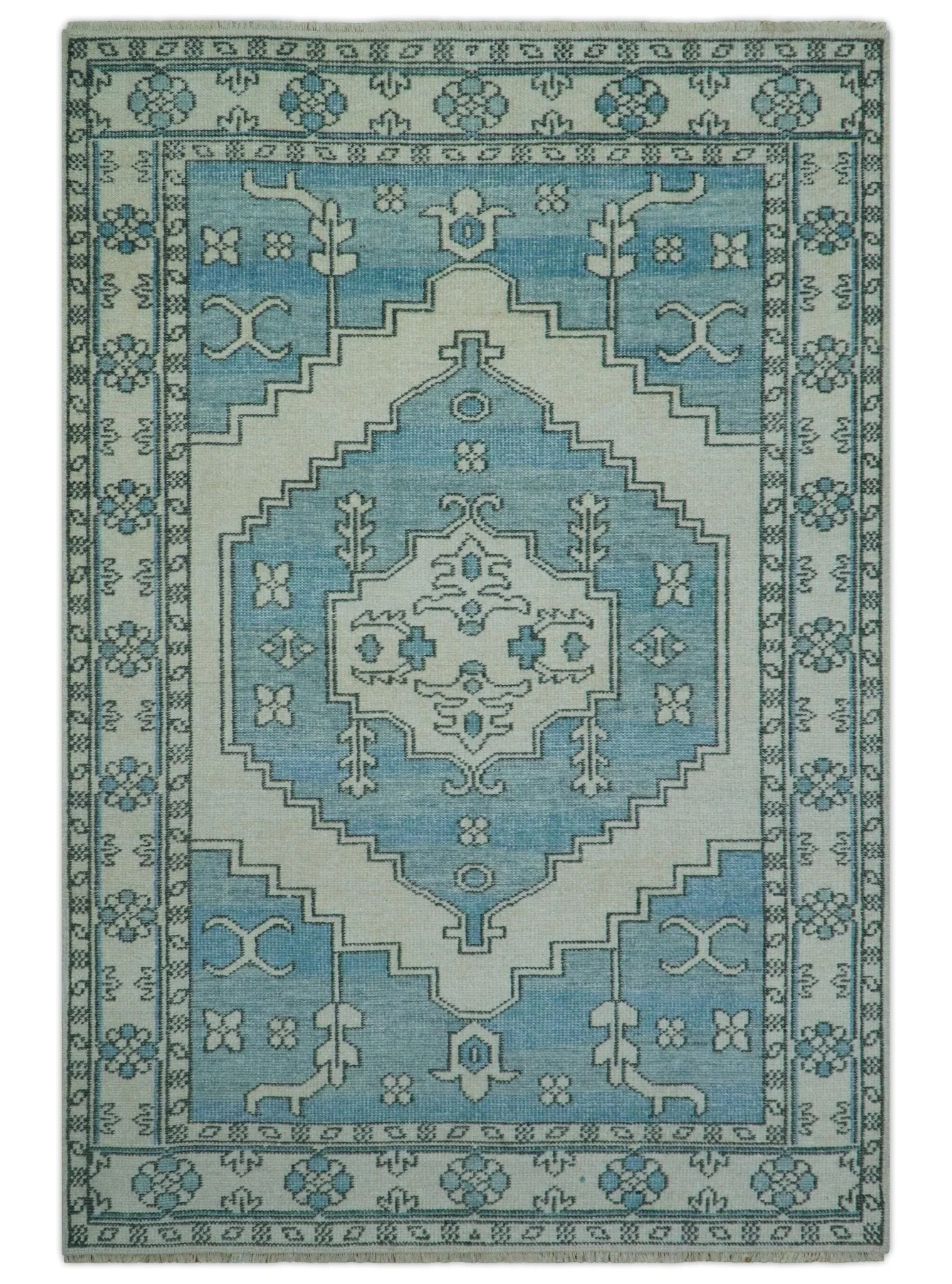 Custom Made Traditional Turkish Blue And Ivory Hand Knotted Wool Area Rug - Image 2