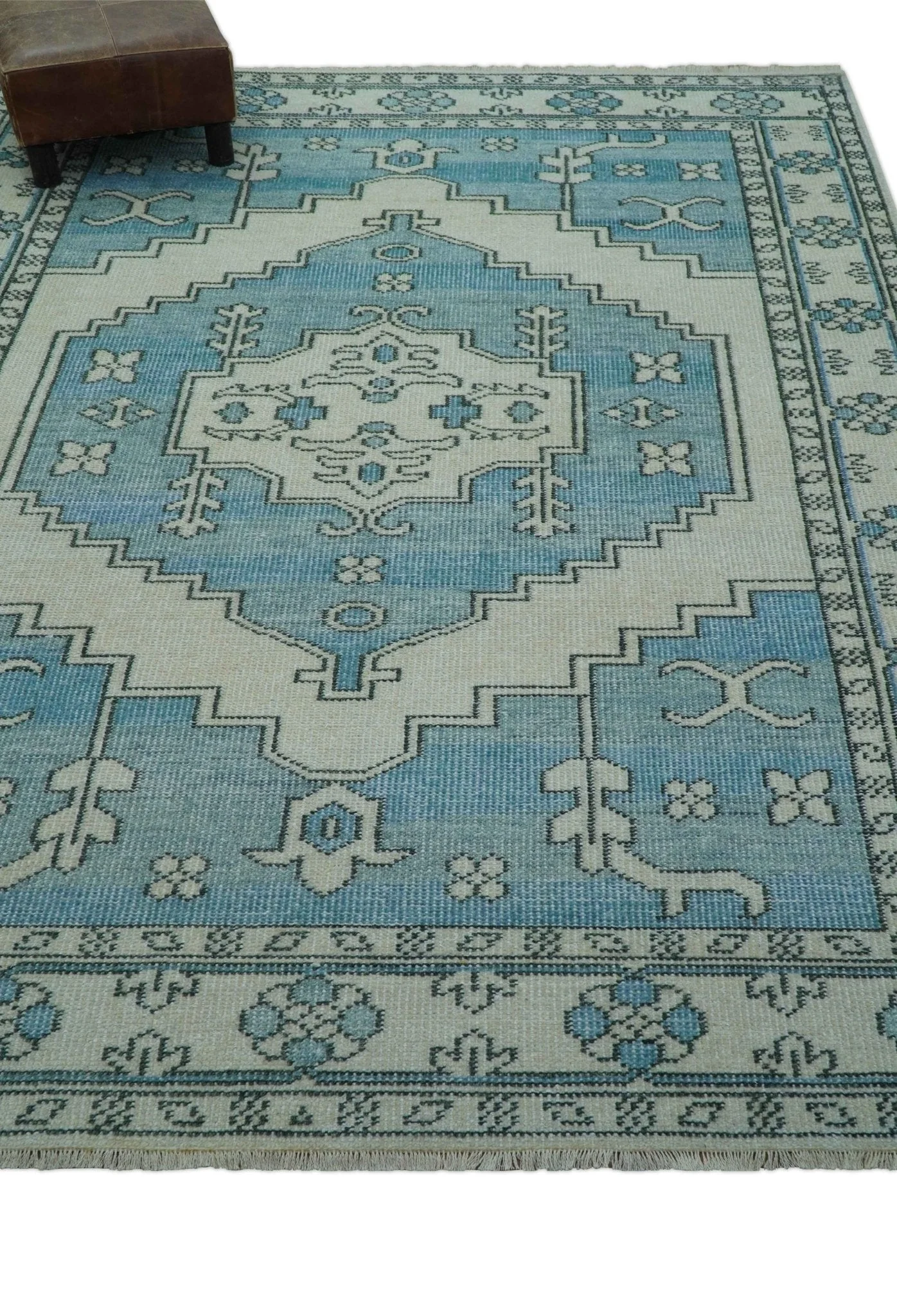 Custom Made Traditional Turkish Blue And Ivory Hand Knotted Wool Area Rug - Image 3